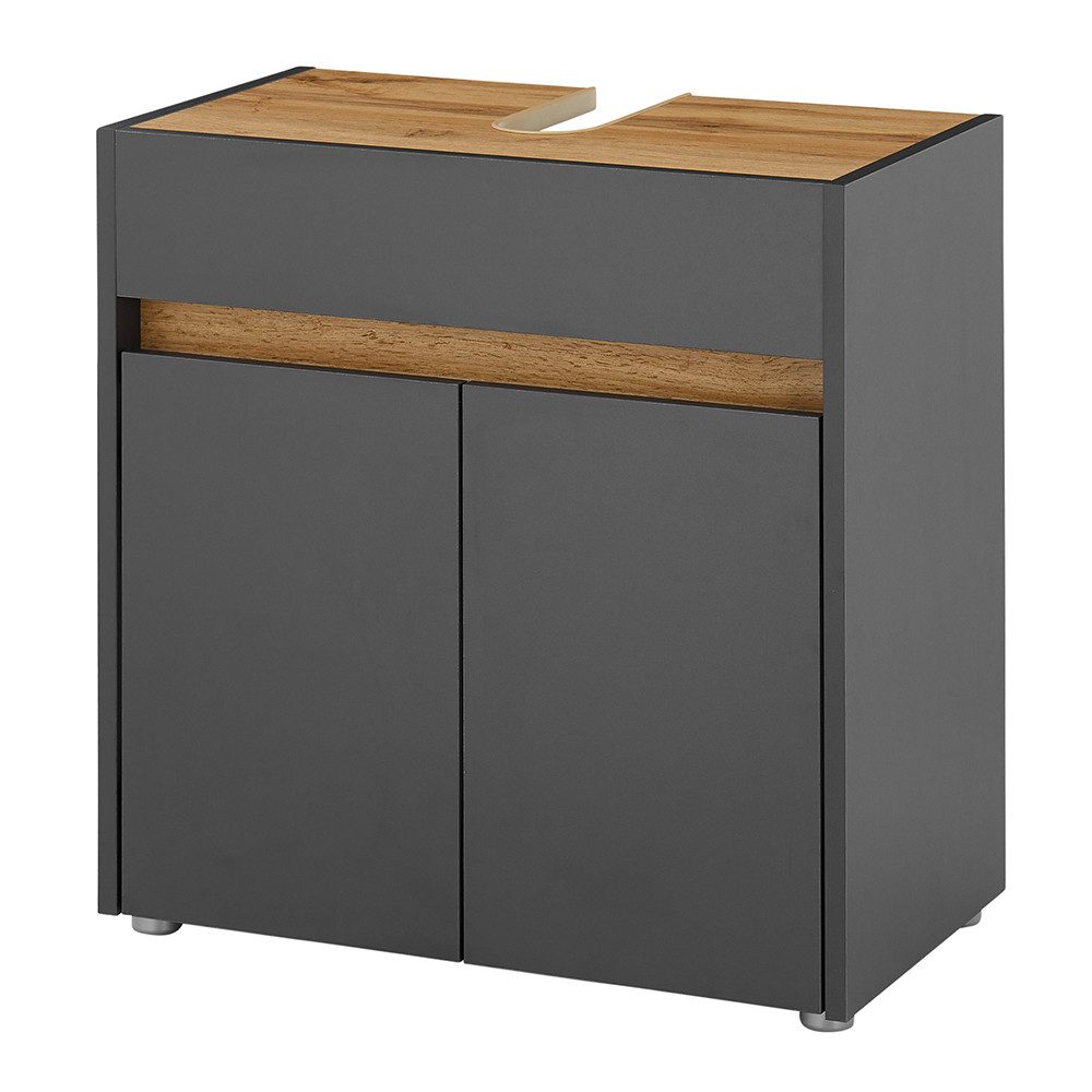 Lomadox Waschtisch CRISP-61, Anthrazit mit Eiche Nb., 2 Türen, Siphonausschnitt, 60cm breit