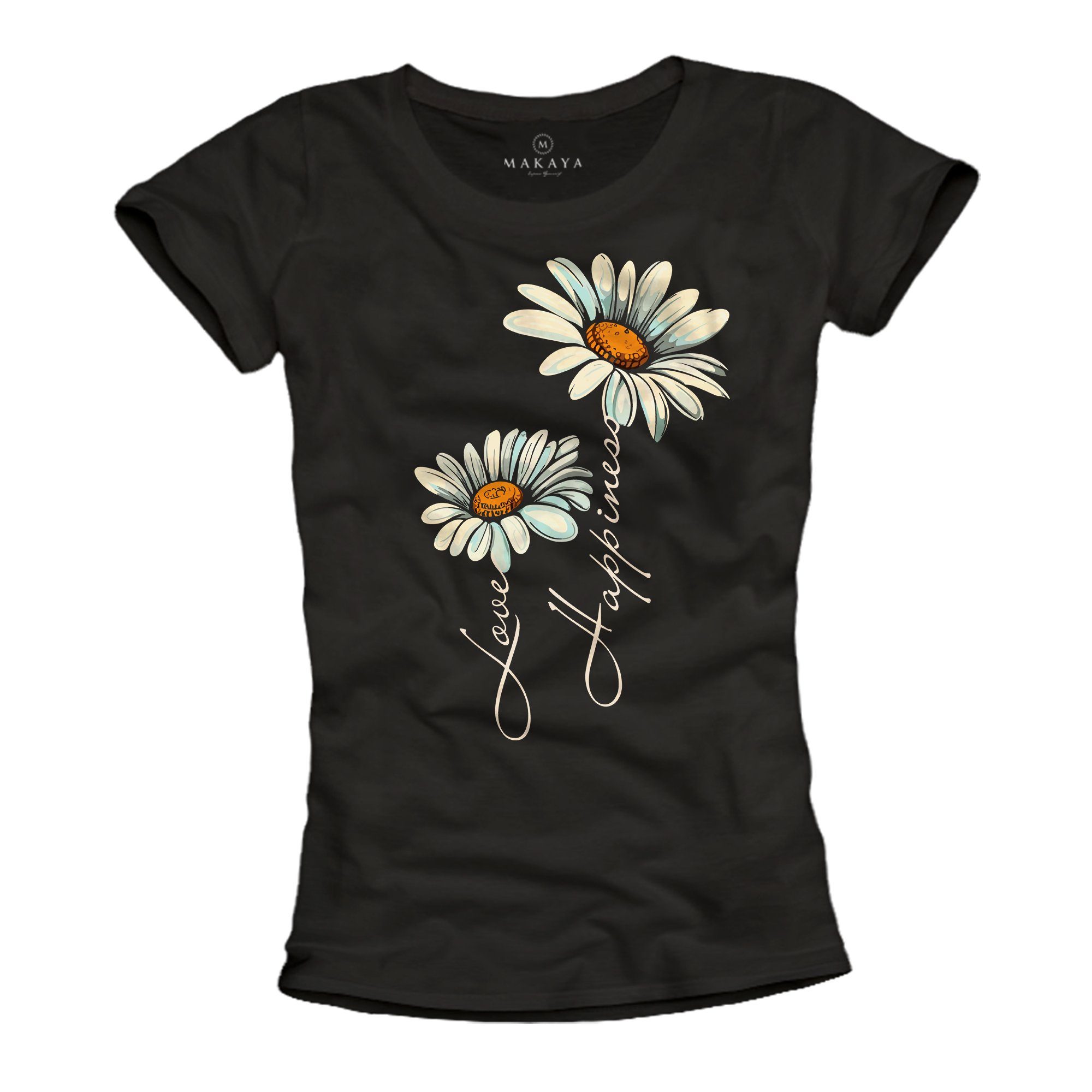 Schwarz Gänseblümchen Hippie MAKAYA Motiv Blumen Floral Sonnenblume Damen Kurzarmshirt, Mode Druck Print-Shirt