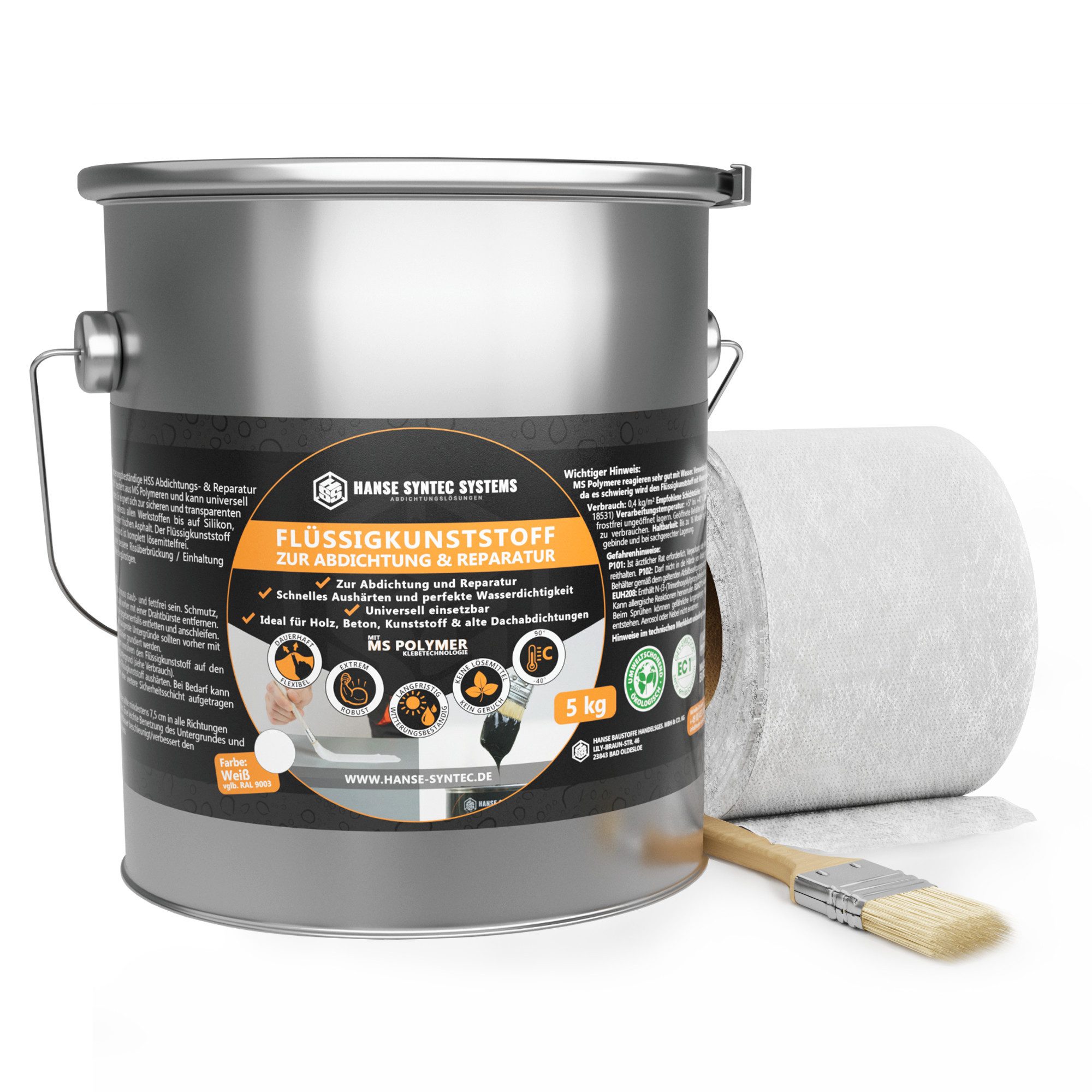 Hanse Syntec Systems Dichtstoff Flüssigkunststoff Abdichtungsset inkl. Pinsel & Vlies, geeignet für alle Untergründe außer Silikon, frischen Bitumen/Asphalt