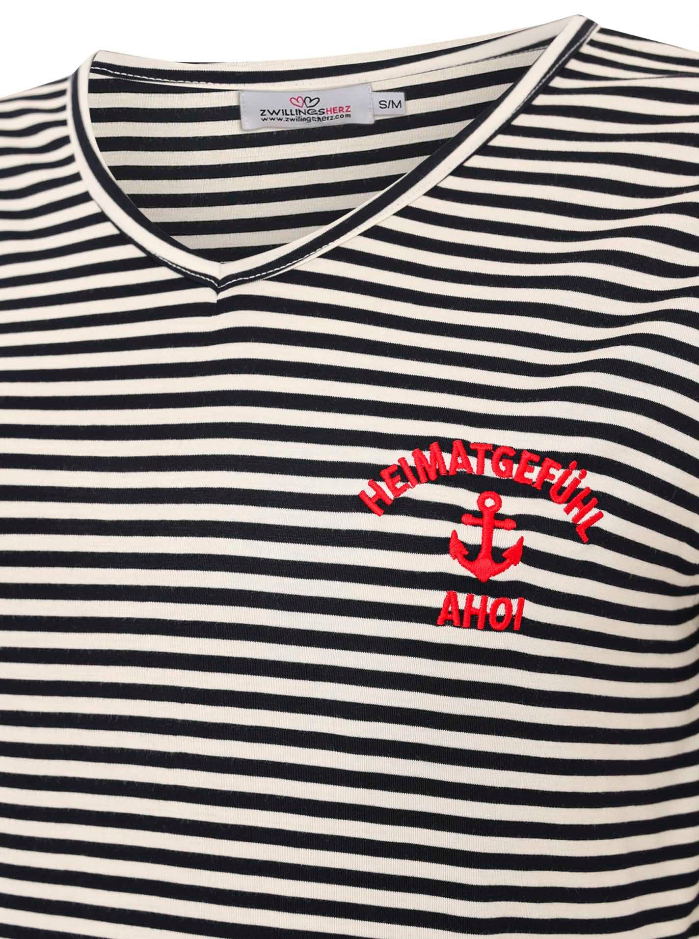 Zwillingsherz T-Shirt "Heimatgefühl" V-Neck, gestreift, kleines Motiv gestickt mit Anker – Bild 5 von 5