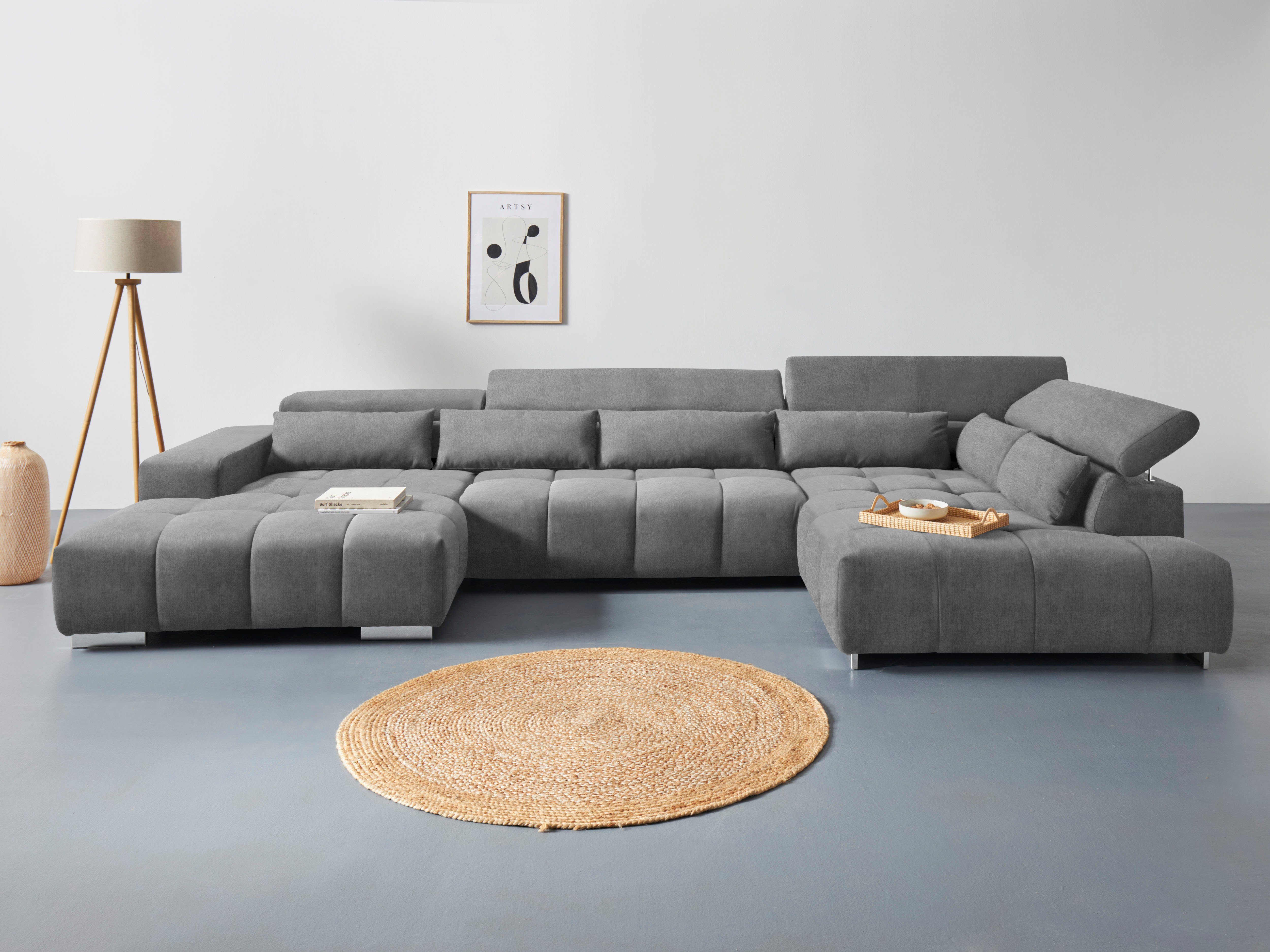 COTTA Wohnlandschaft Orion U-Form XXL, B: 409 cm, bequeme Wellenunterfederung, top modern, mit Kopfteilverstellung & 6 Nierenkissen
