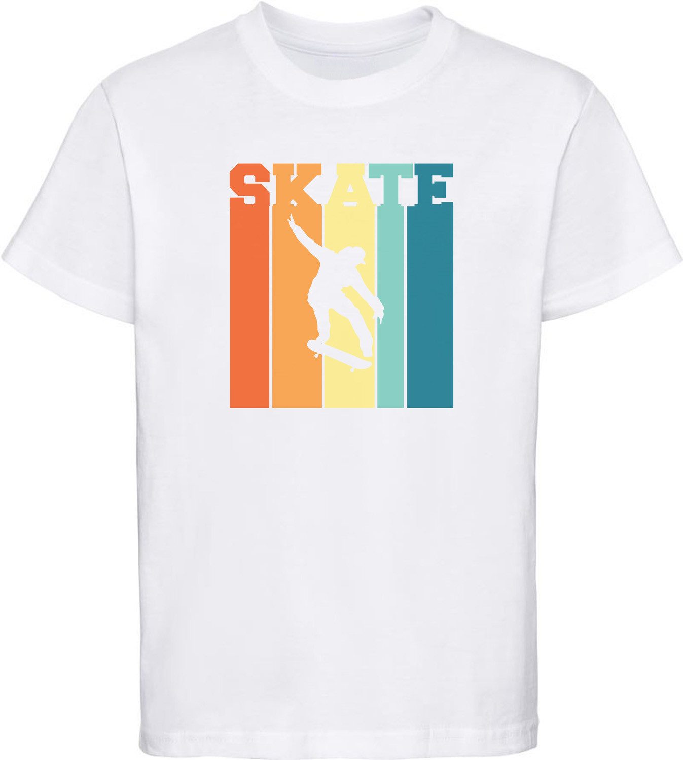 T-Shirt Kinder Print Shirt Skateboarder vor Retro Farben und Skate Schriftzug