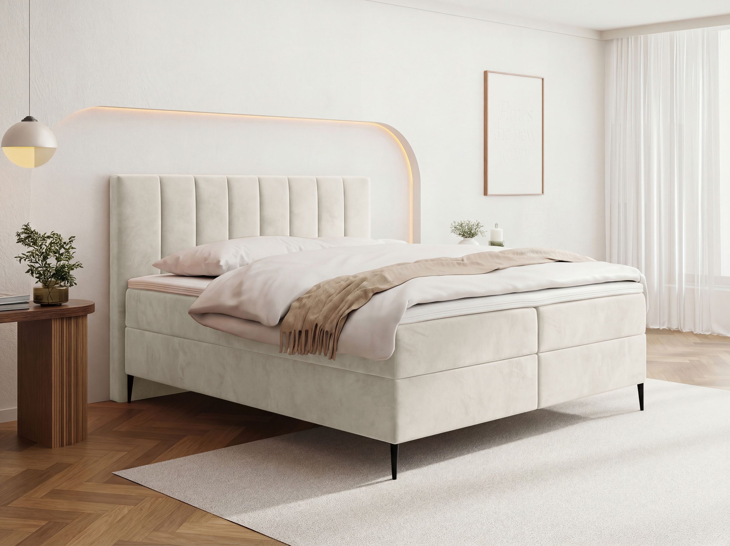 WFL GROUP Boxspringbett Allen mit Bettkasten, Boucle oder Samt, hohes Kopfteil & hohe Füße (erhältlich in 5 Größen: 120x200, 140x200, 160x200, 180x200, 200x200 cm), Doppelbett mit H4 Pocket Matratze, Foam Topper & Stauraum, Made in EU
