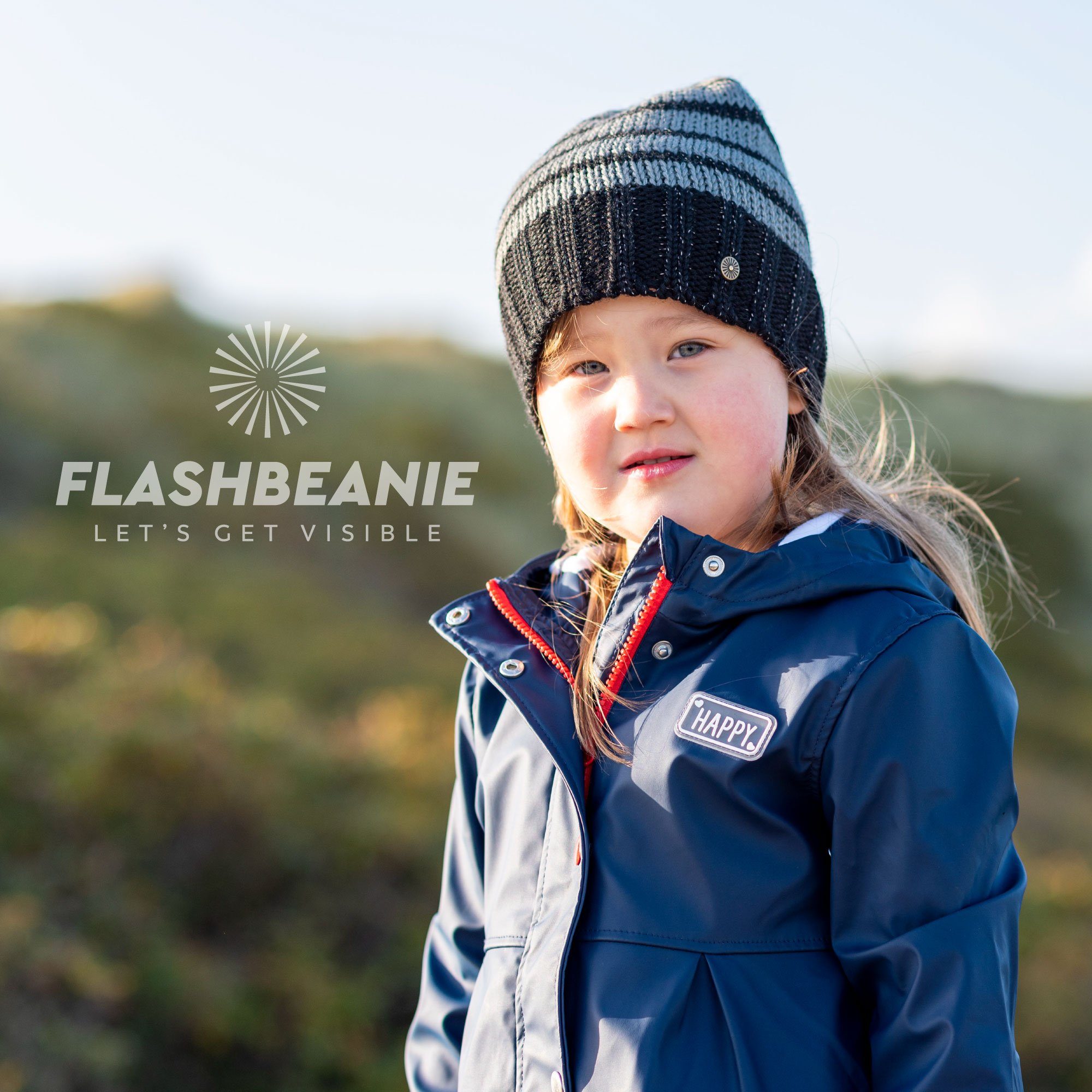 RUBBERNECK Beanie und Mädchen Kinder Strickmütze für Garn Flash Beanie reflektierendem Wollmütze schwarz/grau Jungen weiches aus Fleece-Innenfutter