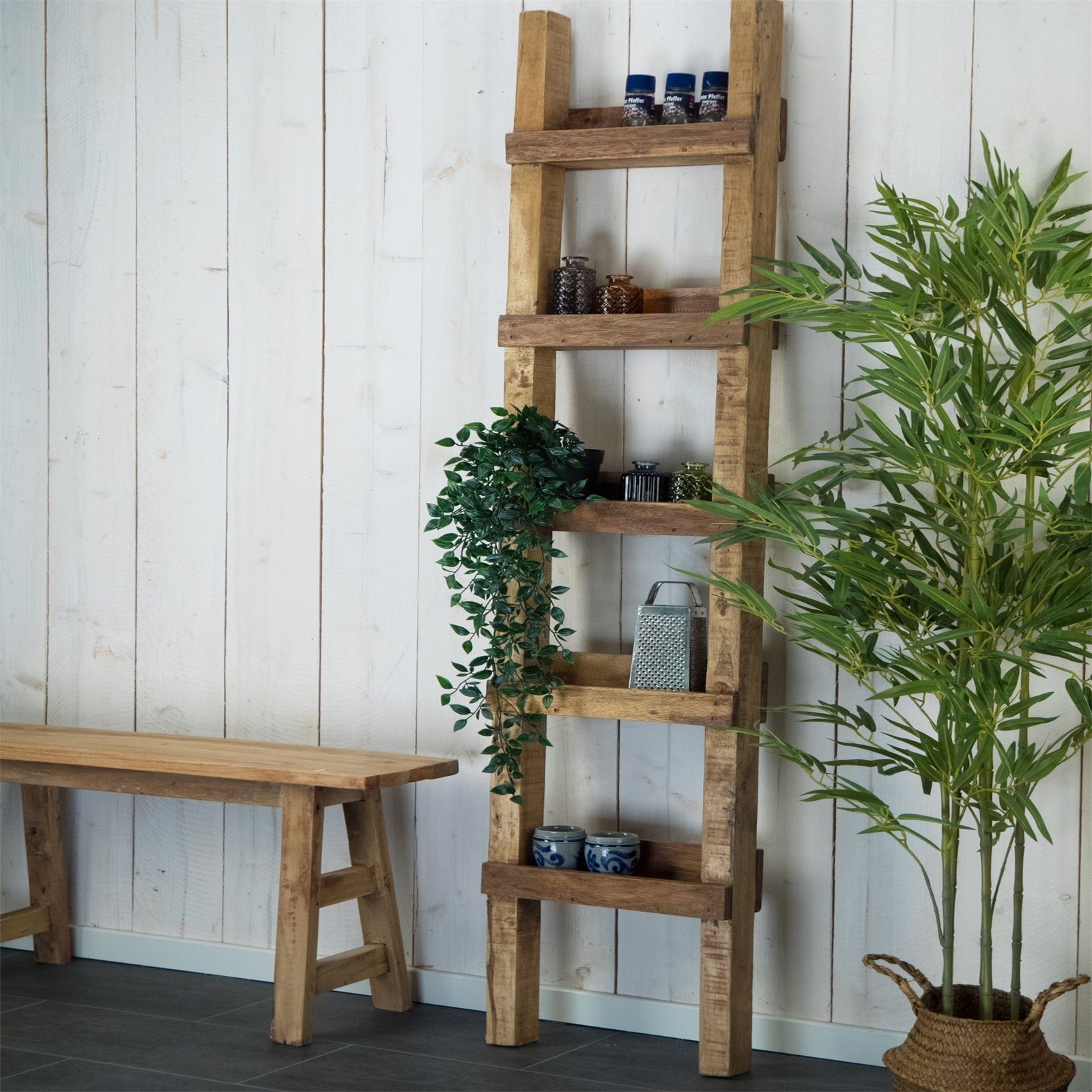 DESIGN DELIGHTS Regal LEITERREGAL "STEP 170", Altholz massiv Holz, 170x35 cm, Pflanzenleit