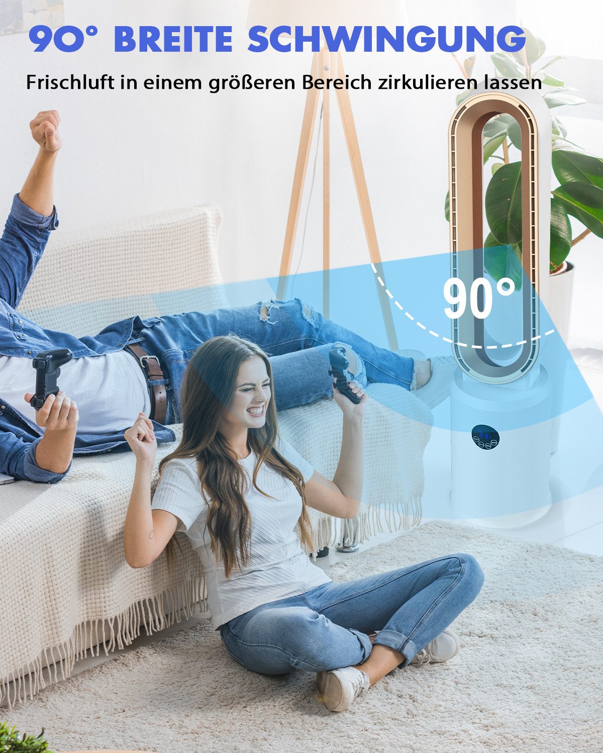 Rebonique Turmventilator Rotorlos Ventilator mit Luftreiniger sehr Leise 24 Stufen 12H Timer, Oszillierend LED-Anzeige Tower-Ventilator mit Fernbedienung