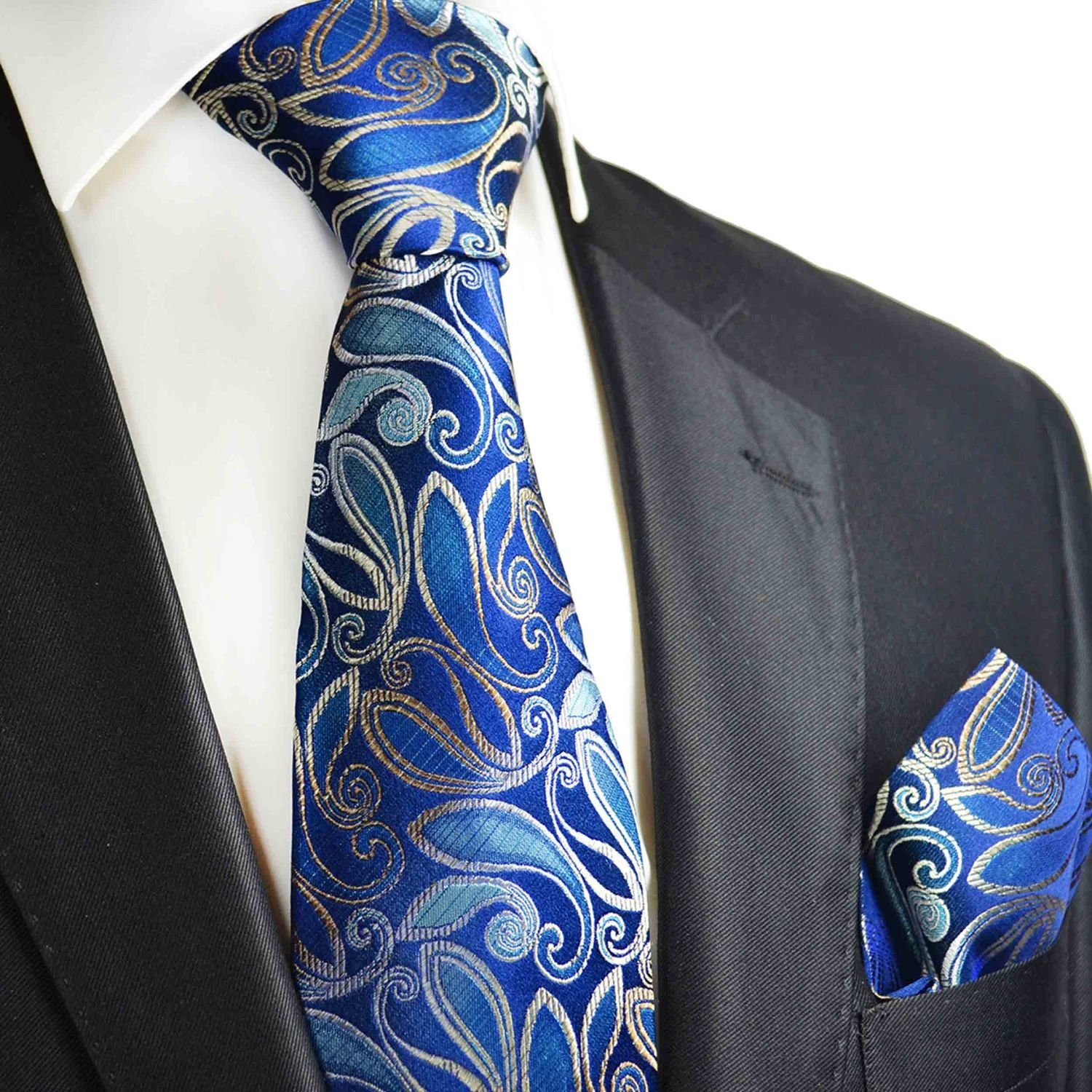 mit 100% paisley Malone Paul Tuch Krawatte modern (6cm), bluesteel Herren Einstecktuch) Krawatte mit blau 2120 Seide (Set, Schmal Seidenkrawatte 2-St.,