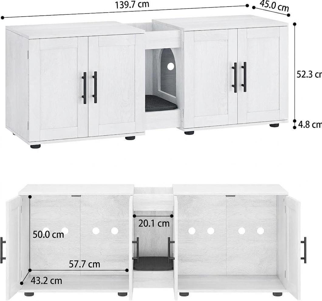 GarveeMore Katzentoilette verstecktes aus Holz mit Doppelraum für 2 Katzen, 55" großes verstecktes Katzentoilettengehäusemöbel mit Doppelzimmern