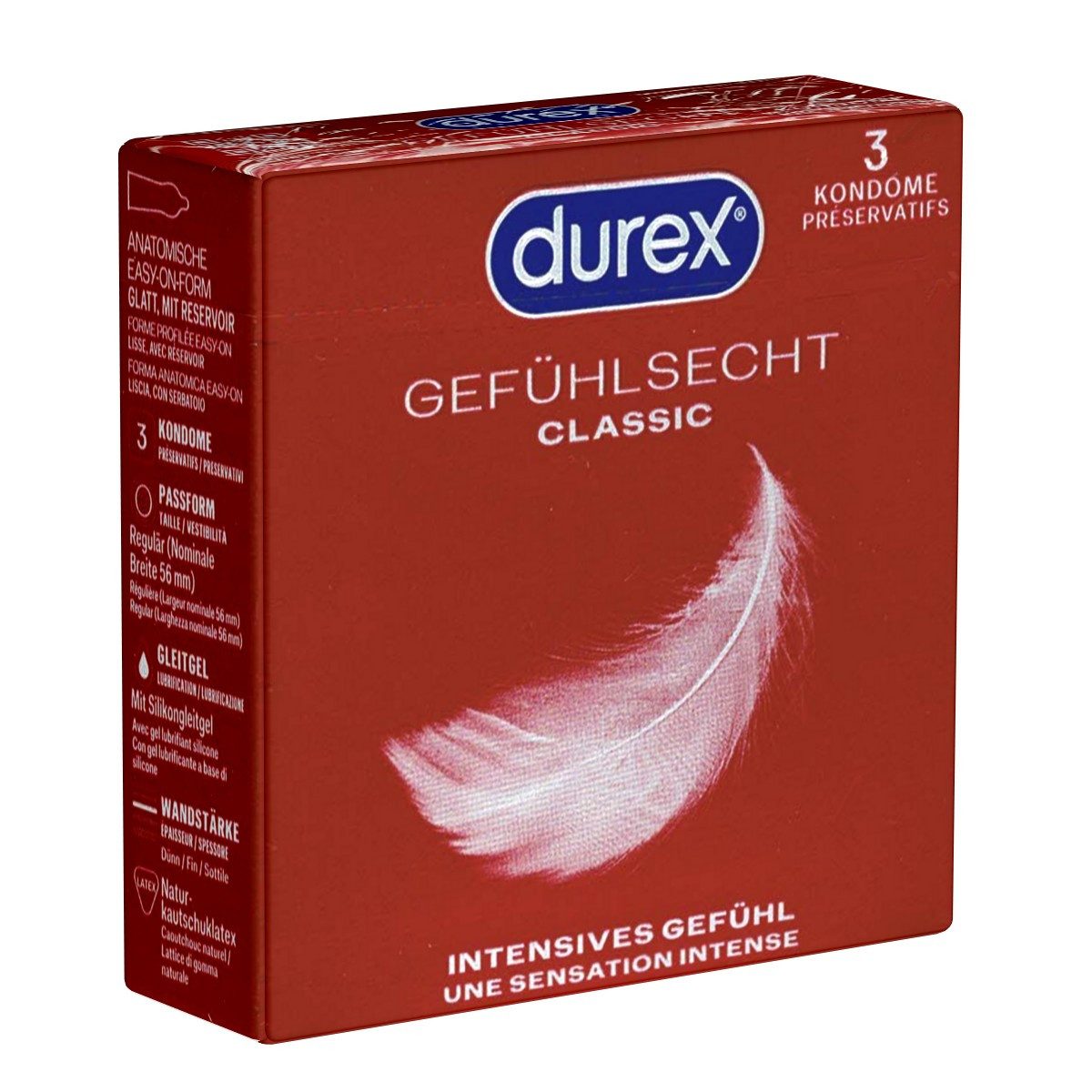 durex Презервативы Gefühlsecht Classic Packung mit, 3 St., Transparent-Kondome, hauchzarte Markenkondome mit Easy-On™-Passform