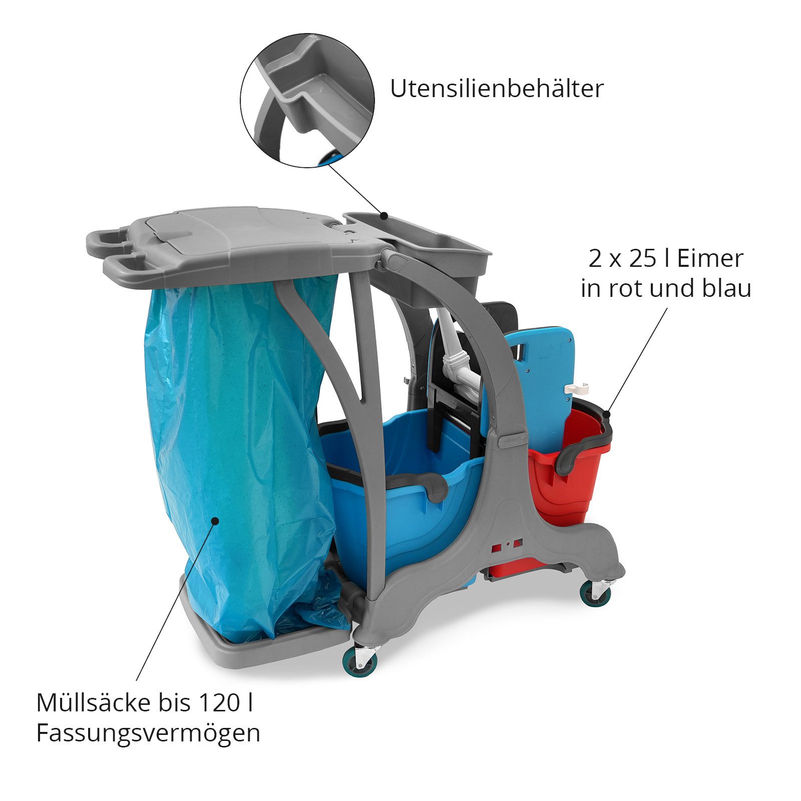 Hypafol Putzwagen HY-2004, (SET, Eimer,Müllsackhalterung,MoppPresse,Möppe,Mikrofasertücher,Kehrgarnitur)