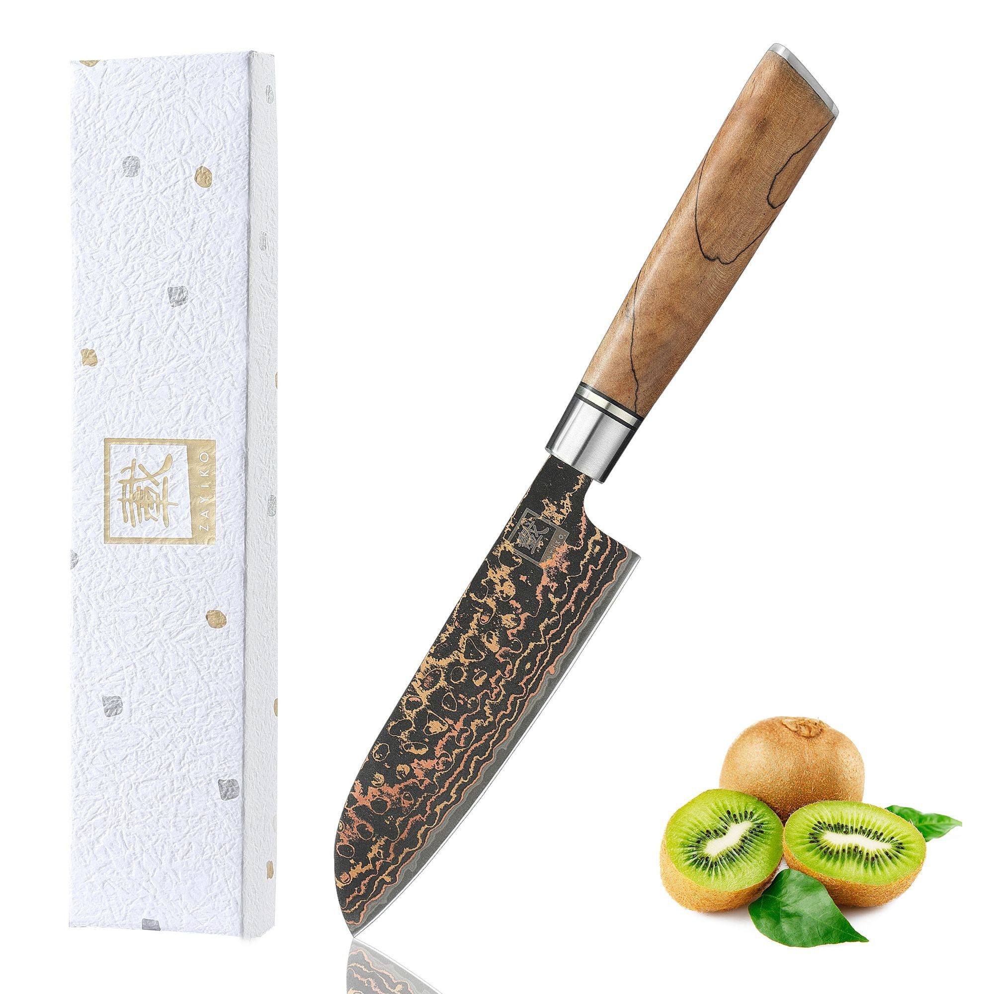 ZAYIKO Santokumesser BlackMagma Damast Kleines Santoku Küchenmesser 12 cm Kupfer-Bronze, schwarzer Damaststahl, Kupfer-Bronze-Einlage