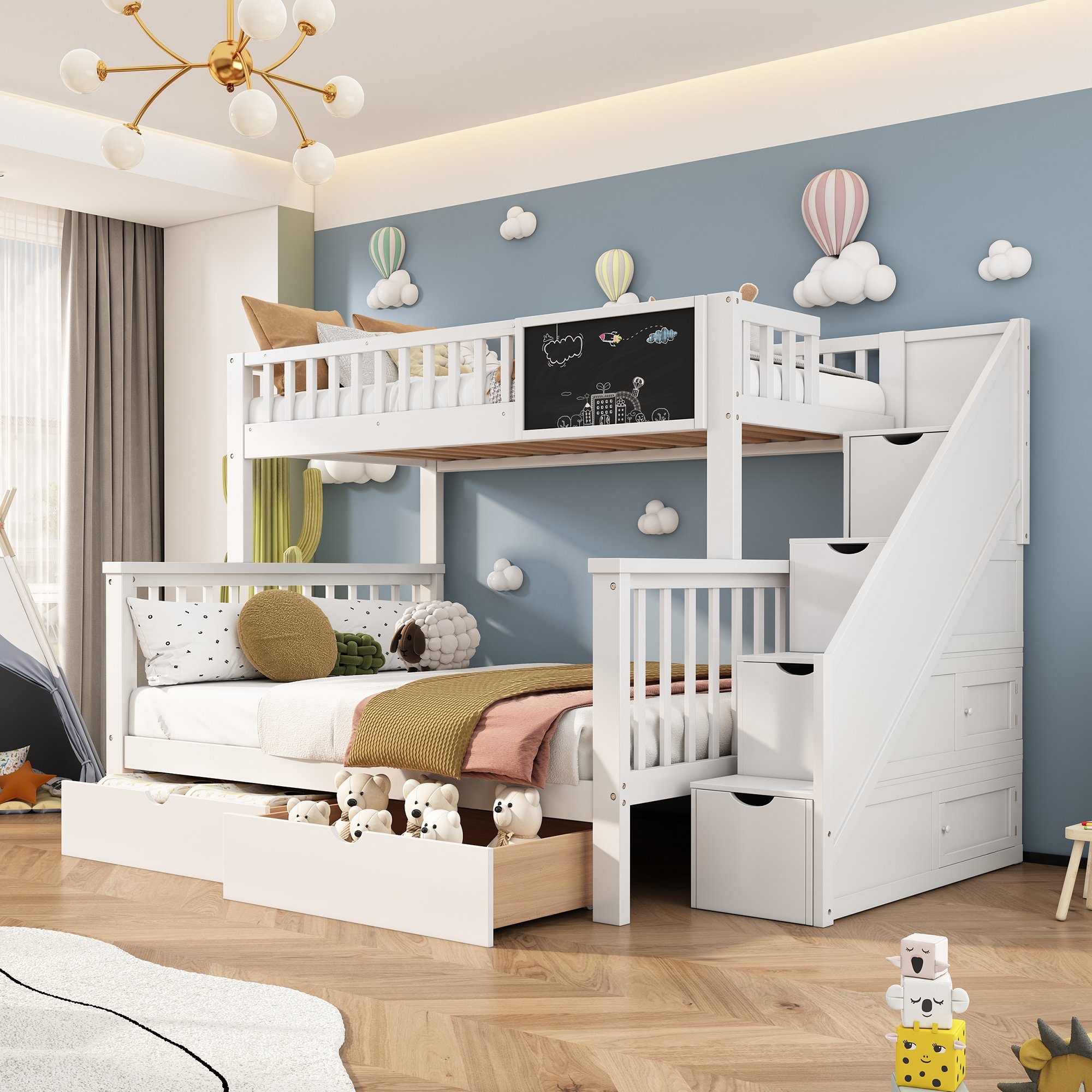 weiß Kinderbett, Schubladen Treppe 90x200cm+140x200cm mit Etagenbett OKWISH Tafel