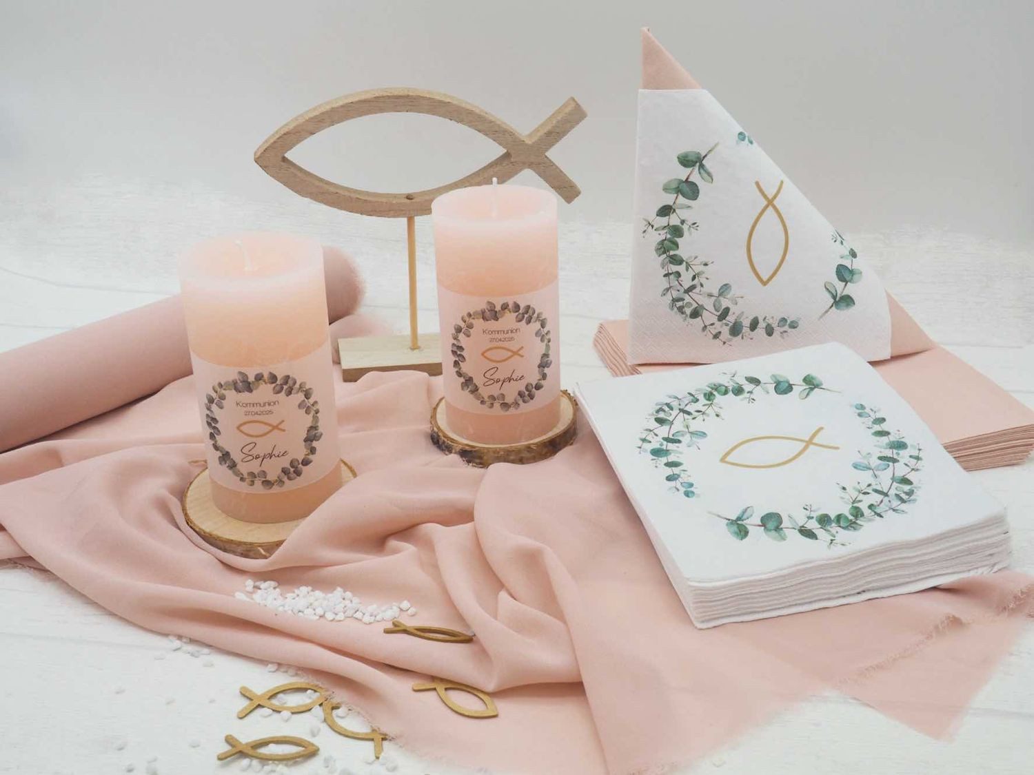 ZauberDeko Tischdecke Tischdeko Kommunion Konfi Rosa Apricot Eukalyptus Fis günstig online kaufen