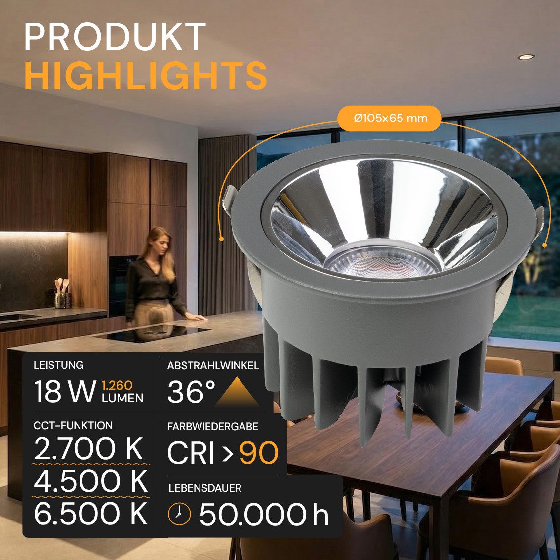 ENOVALITE LED Deckenspot CCT Einbaustrahler, LED fest integriert, Kalt- Warmweiß, 2700K-6500K, Lichtfarbe einstellbar, CRI90 Augenschonend
