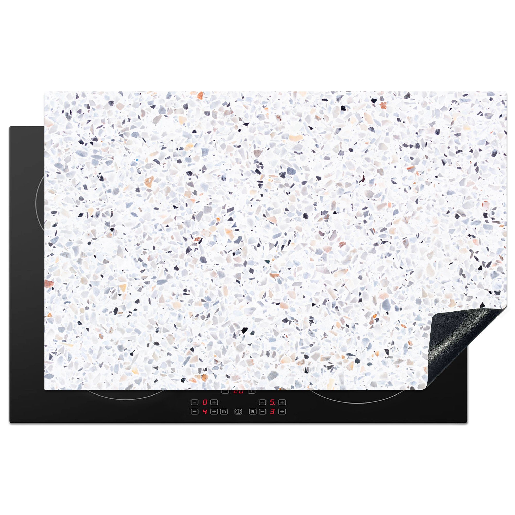 MuchoWow Herdblende-/Abdeckplatte Granit - Struktur - Design - Weiß, Vinyl, (1 tlg), 81x52 cm, Induktionskochfeld Schutz für die küche, Ceranfeldabdeckung