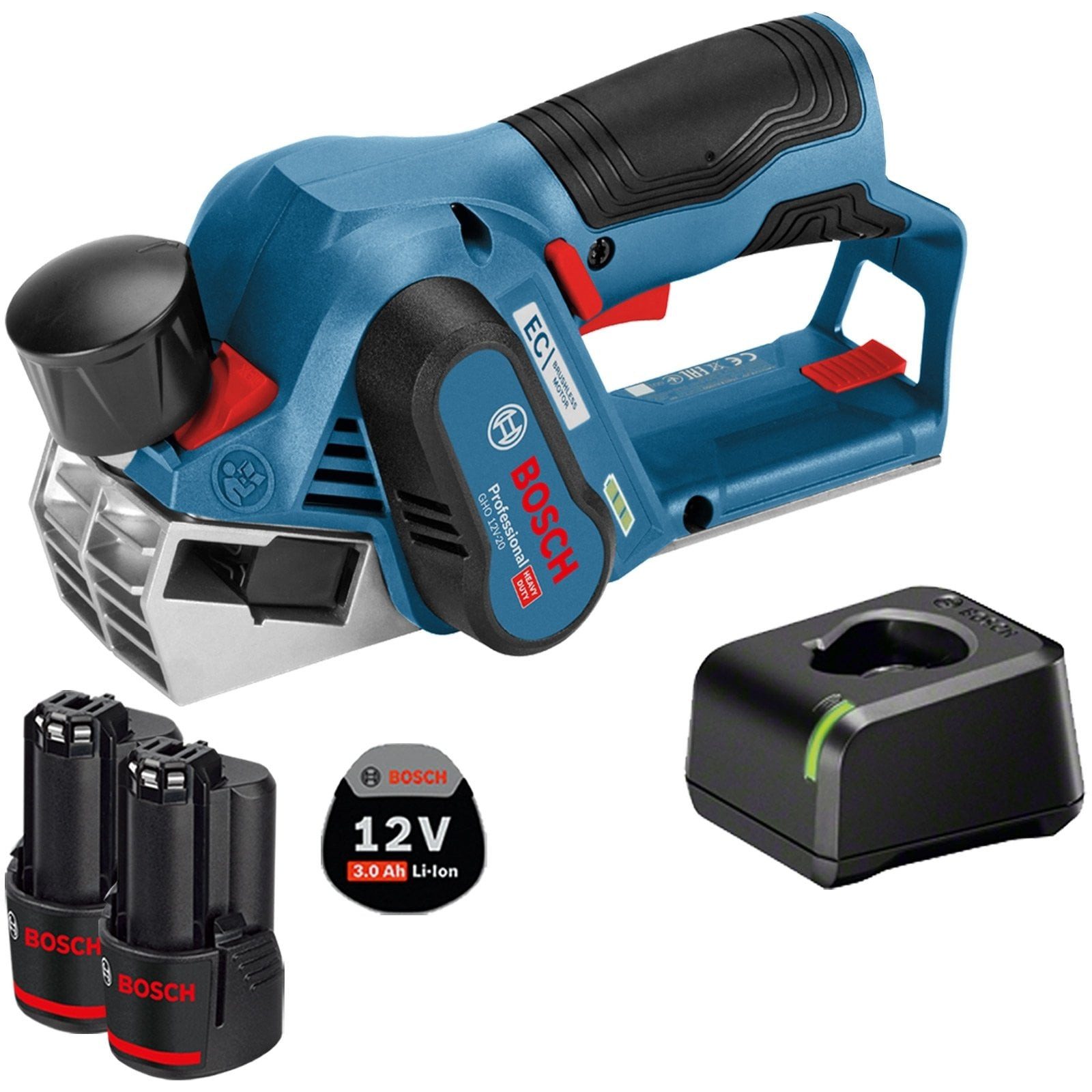 BOSCH Akku-Elektrohobel Bosch Akku-Hobel GHO 12V-20 12 V / 2x 3,0 Ah Akku + Ladegerät