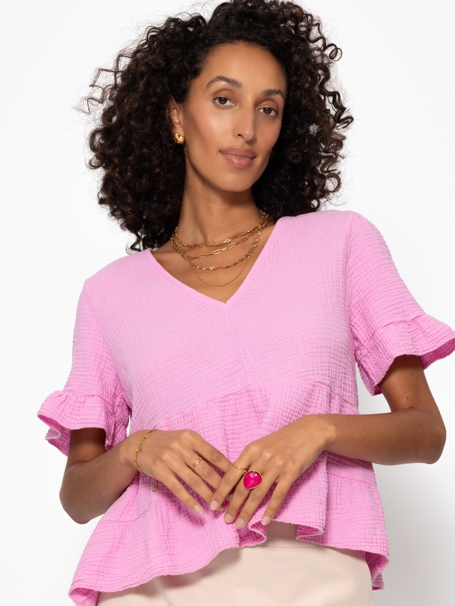 SASSYCLASSY Kurzarmbluse Luftiges Musselin Shirt Damen mit Volants Musselin günstig online kaufen