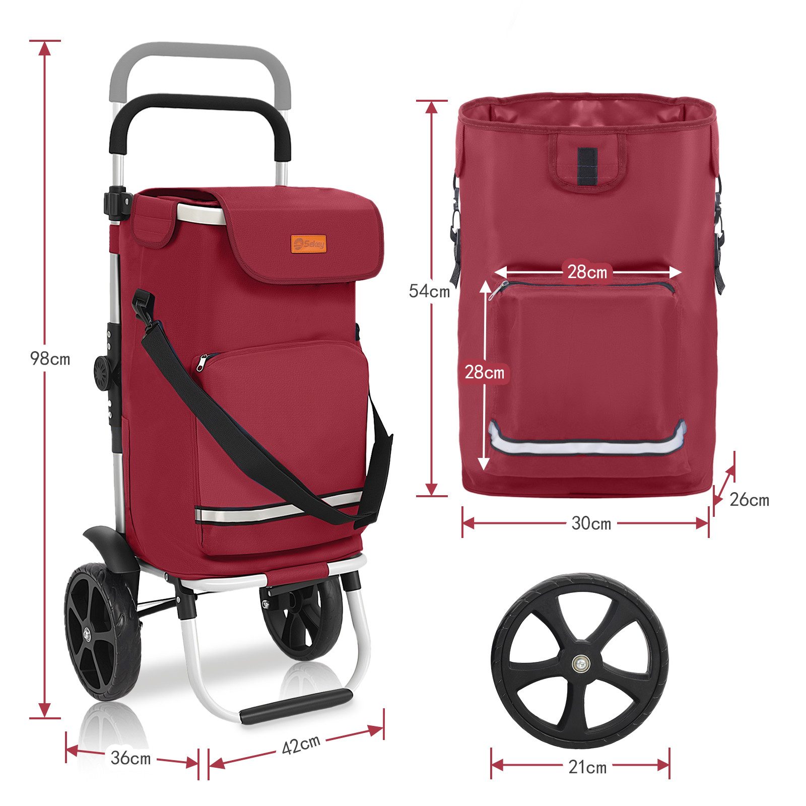 Sekey Einkaufstrolley 3-in-1 mit Kühlfach und Spanngurt, Faltbarer Einkaufswagen 42L & 35kg, 3-in-1 Trolley, Sackkarre & Umhängetasche, Ideal für Einkäufe