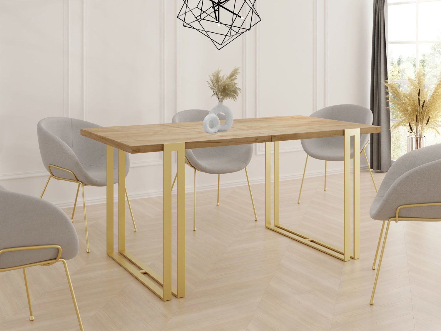 WFL GROUP Esstisch Stella ausziehbar rechteckig loft mit goldenen Metallbeinen (MADE IN EU, erhältlich in 3 Größen – 120/140/160 cm ausziehbar auf 220/240/260 cm), platzsparender Tisch in Holzoptik für Küche, Esszimmer oder Wohnzimmer