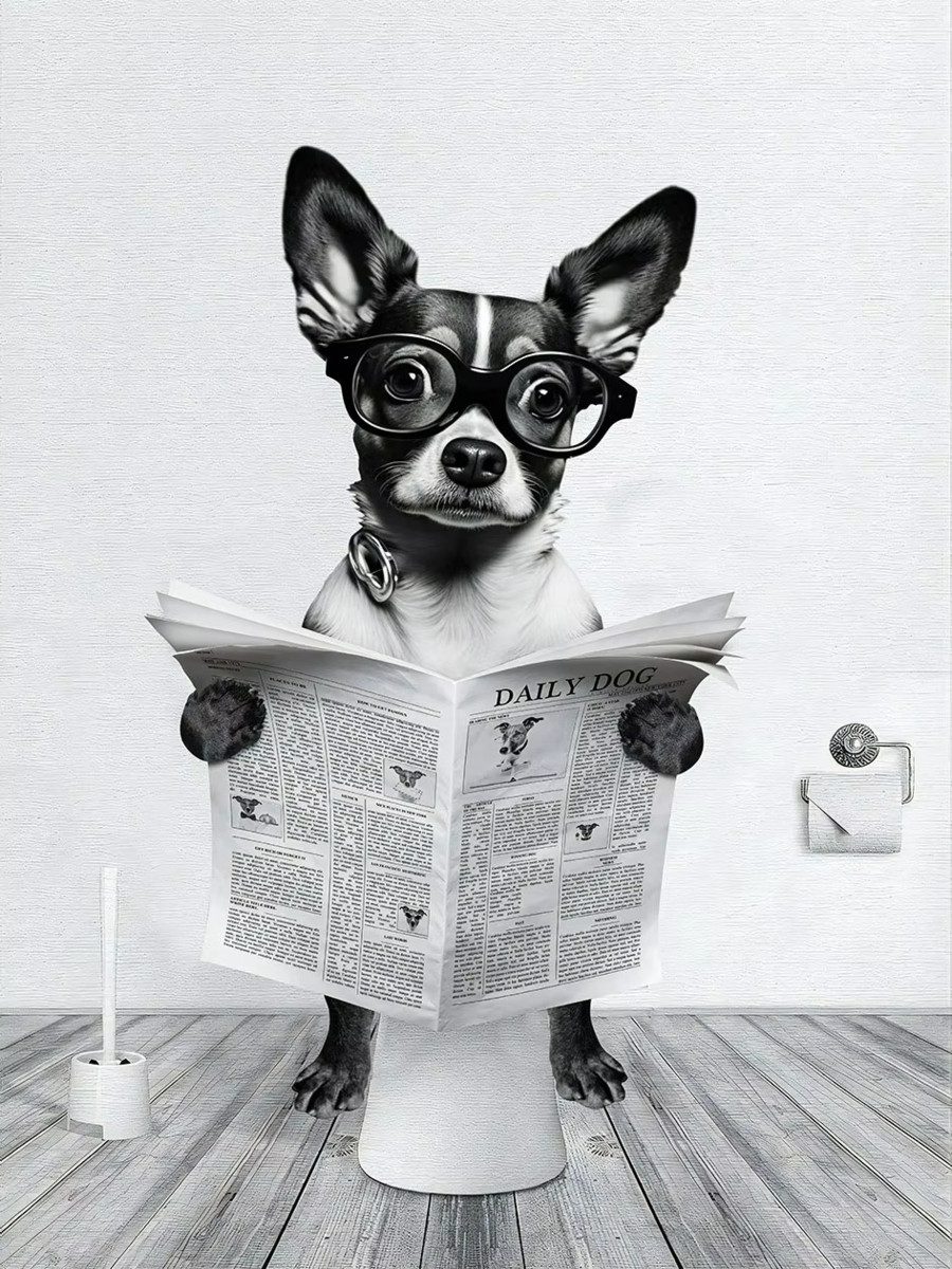 TPFLiving Kunstdruck (OHNE RAHMEN) Poster - Leinwand - Wandbild, Badezimmer Wand süße lustige Tier Toilette Humor Leinwand (Leinwandbild XXL), Farben: Schwarz, Weiß, Gelb, Grau, Braun - Größe: 20x30cm