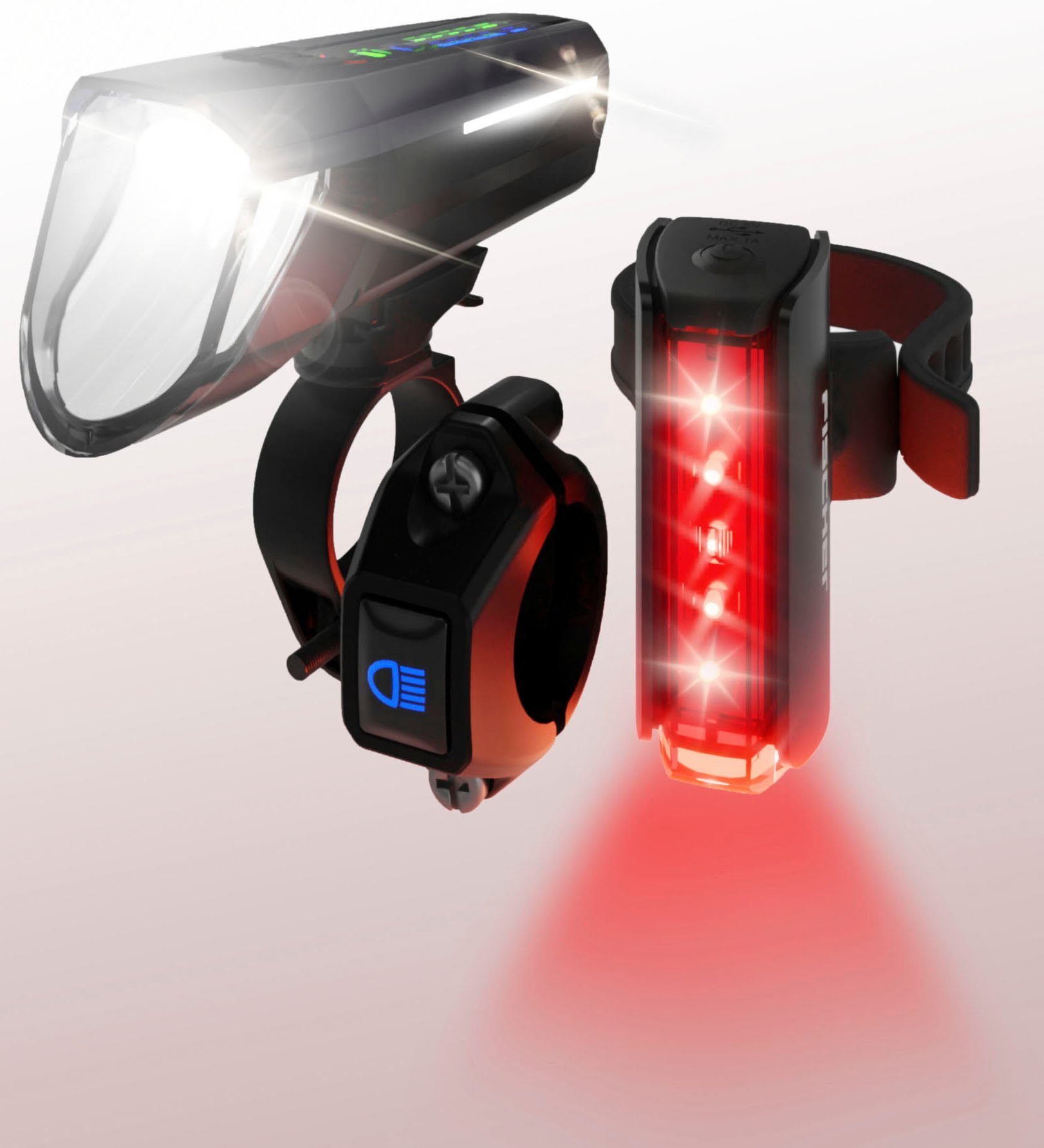 FISCHER Fahrrad Fahrradbeleuchtung LED-Akku-Bel. Set PLUS 100/130 Fernlicht  + TWIN STOP | Fahrrad Zubehör & Ersatzteile