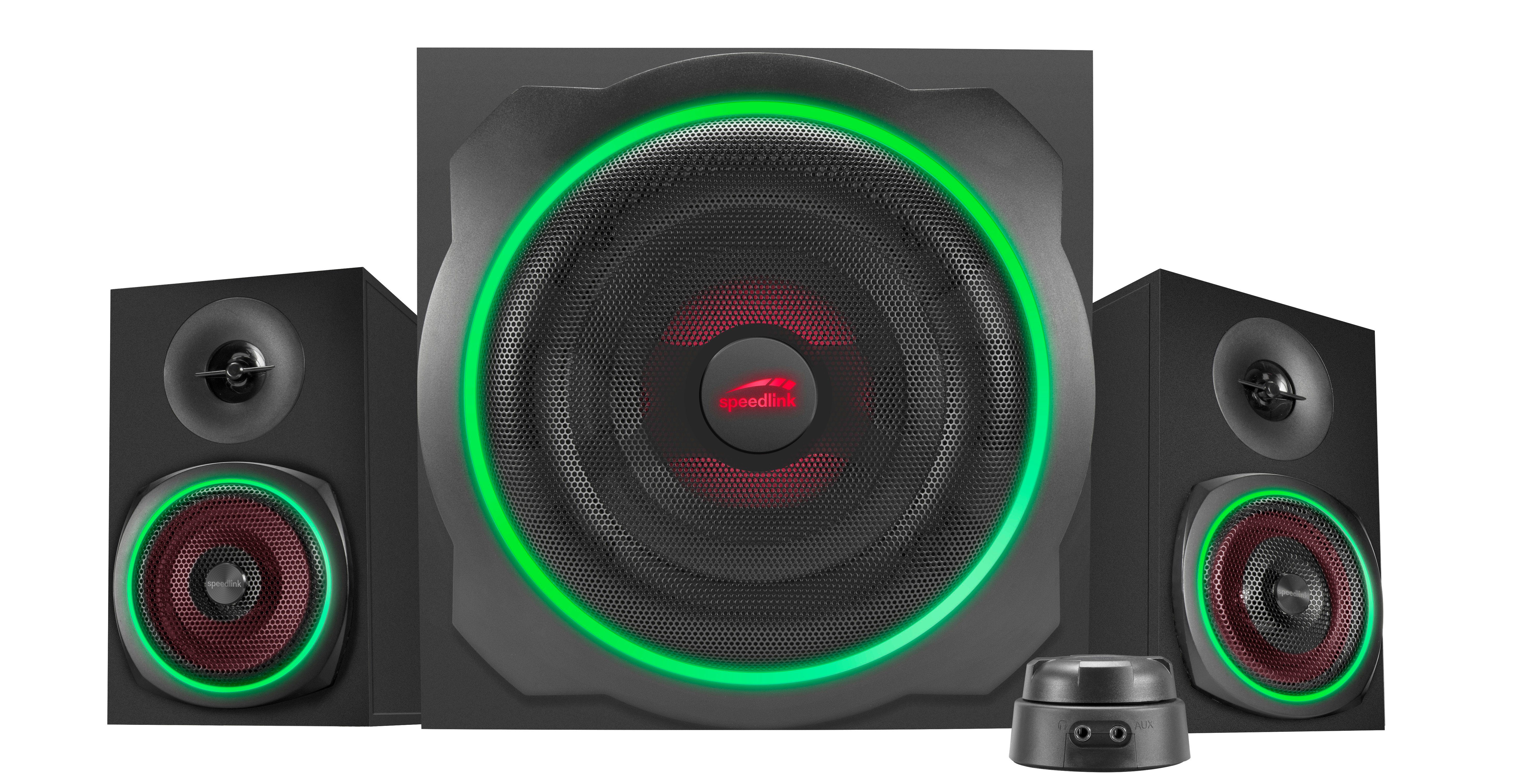 Speedlink GRAVITY LT RGB Subwoofer System aus Holz mit Bluetooth 2.1 Soundsystem 2.1 (40 W RMS, 80 W Spitzenleistung, 3,5mm Klinke, RGB-Tischfernbedienung)