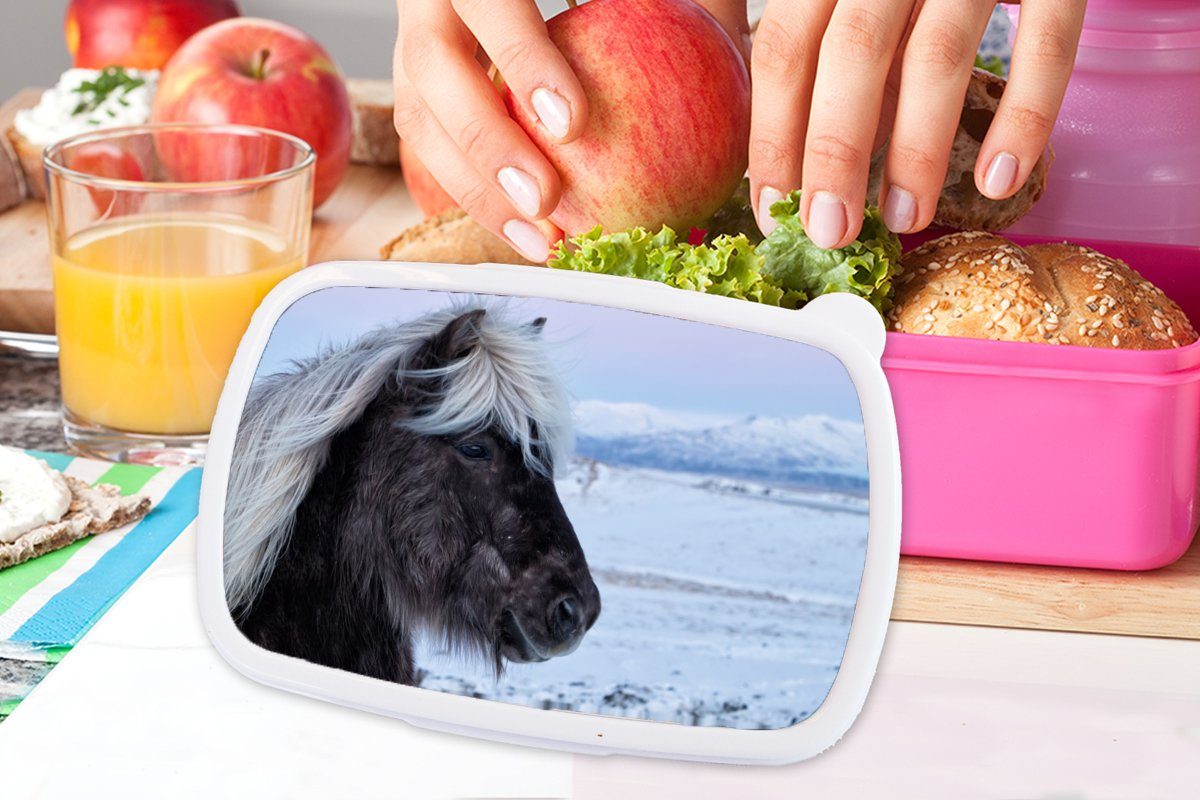 Lunchbox Kunststoff, Kinder, Snackbox, Pferd - MuchoWow Erwachsene, für Island, Mädchen, rosa Kunststoff Schnee Brotbox (2-tlg), - Brotdose