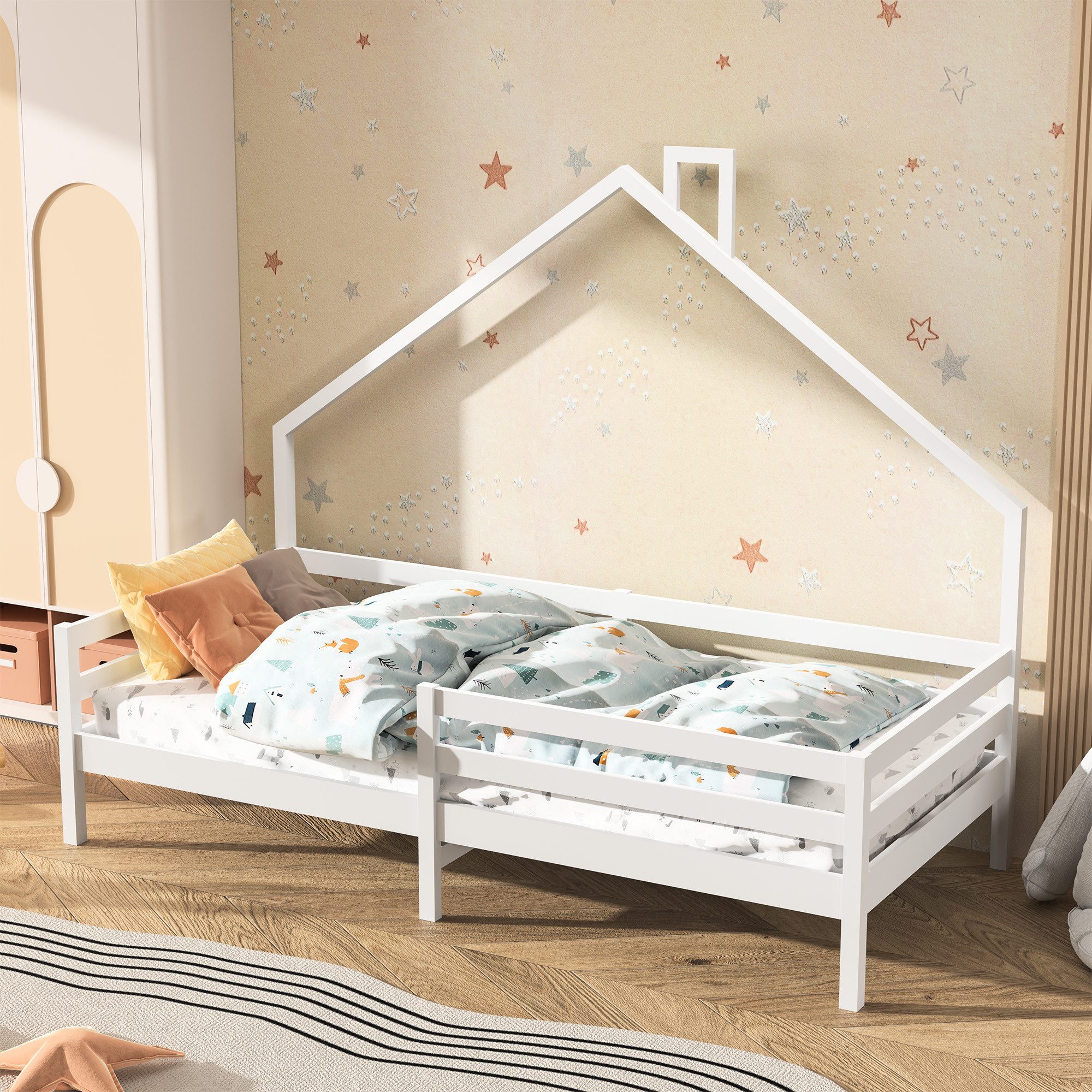 Furnishings Home Holzbett Kinderbett Hausbett Einzelbett, Mit Lattenrost, Absturzsicherung, Dach, 90x200cm