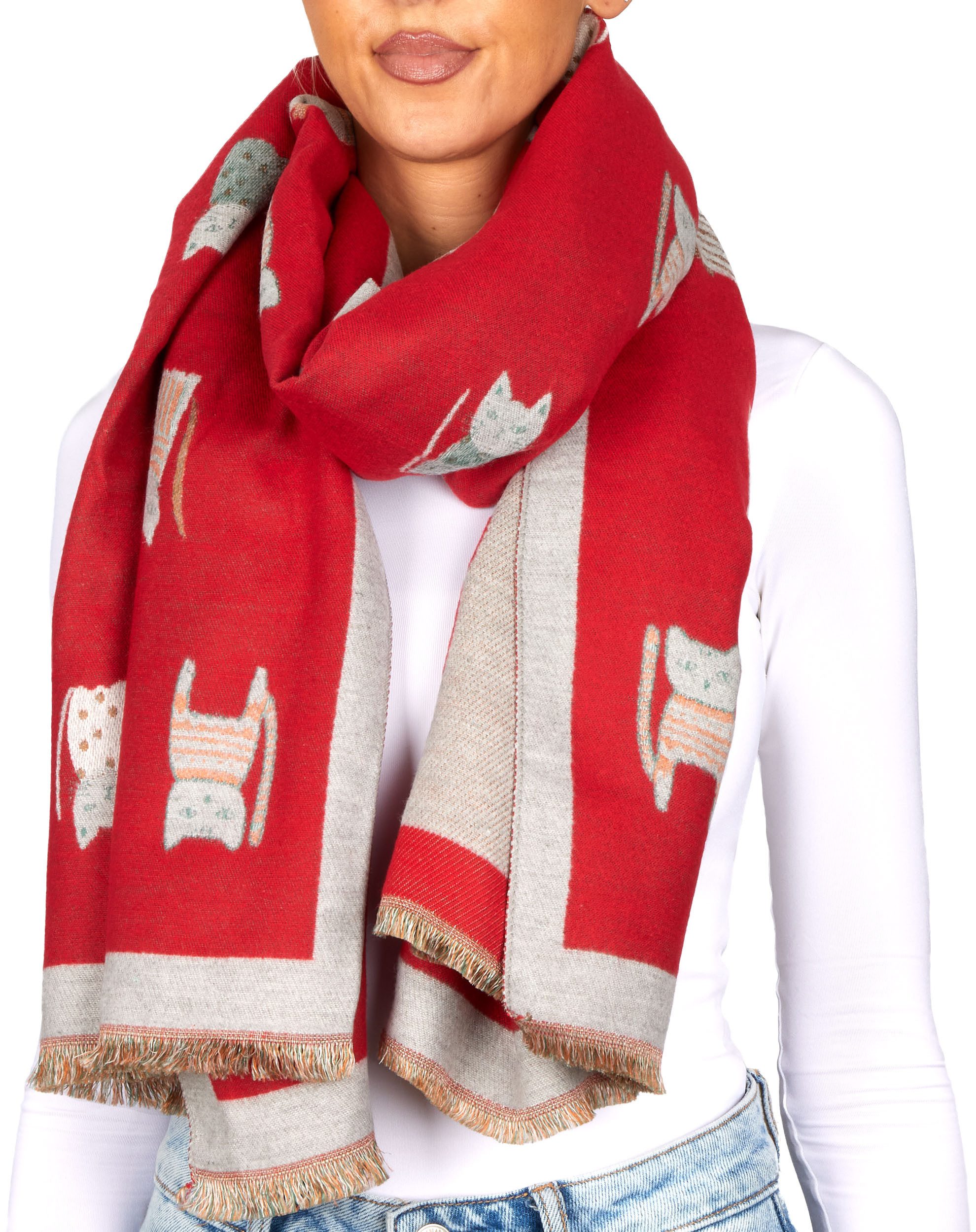 BRUBAKER Schal Cashmirillo Damen Schal mit Katzen Muster - 70 x 200 cm, (Herbstschal Winterschal, 1-St. Weiches Kaschmir-Gefühl), Warm, Kuschelig und Oversized - Damenschal für Herbst und Winter