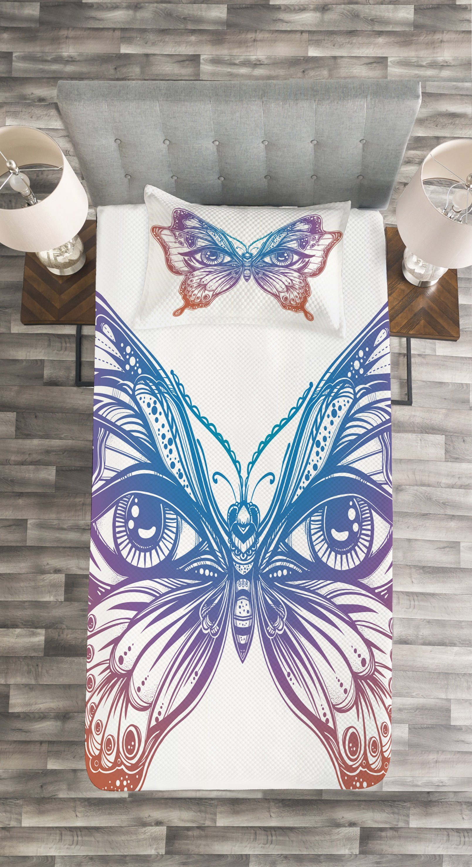 Design-Tattoo Abakuhaus, Artwork Waschbar, mit Schmetterling Kissenbezügen Tagesdecke Set