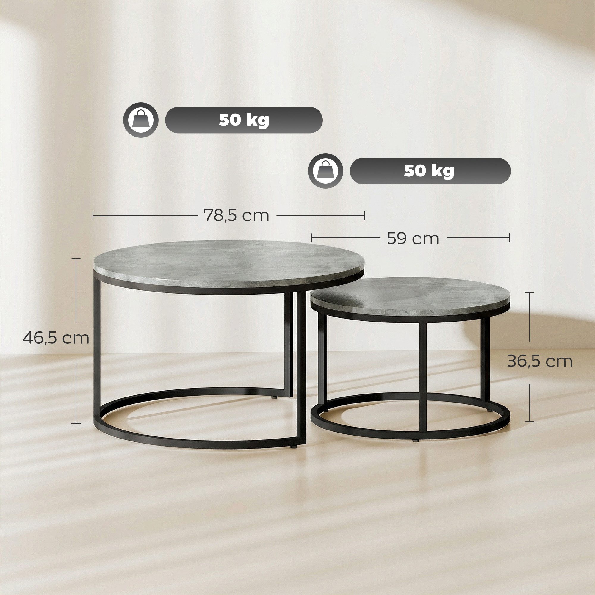 HOMCOM Couchtisch Runder Kaffeetisch (Satztisch, 2-St., Wohnzimmertisch), 78,5 x 78,5 x 46,5 cm, Grau