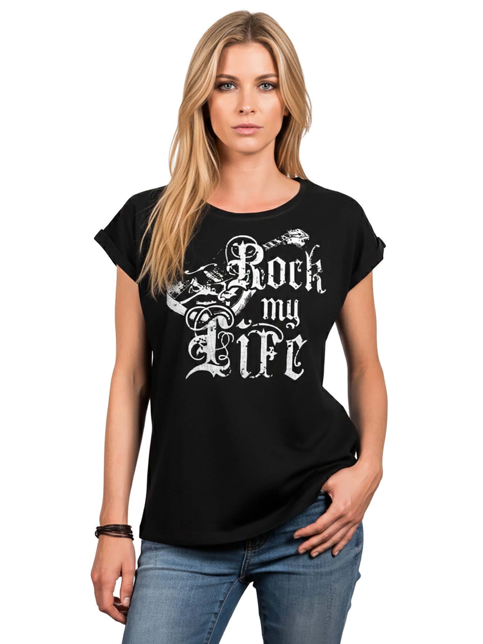 MAKAYA Print-Shirt Ausgefallene T-Shirts Damen lässige Oberteile Top Gitarrenmotiv Tunika (Rock Band Motiv, schwarz, grau, rosa, blau) große Größen