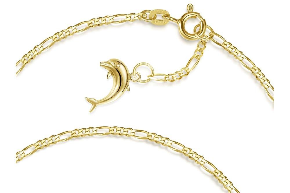 Silberkettenstore Fußkette Figarofußkette 2mm mit Anhänger Delfin - echt 585 Gold, Länge 23cm
