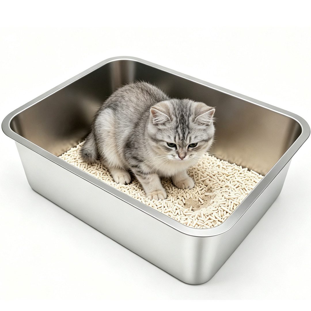 SunJas Katzentoilette Edelstahl Katzenklo 44,5 x 34,5 x 14 cm Mittelgroßes offenes Katzenklo, Geruchsfrei Leicht zu Reinigen für Kätzchen und Kaninchen