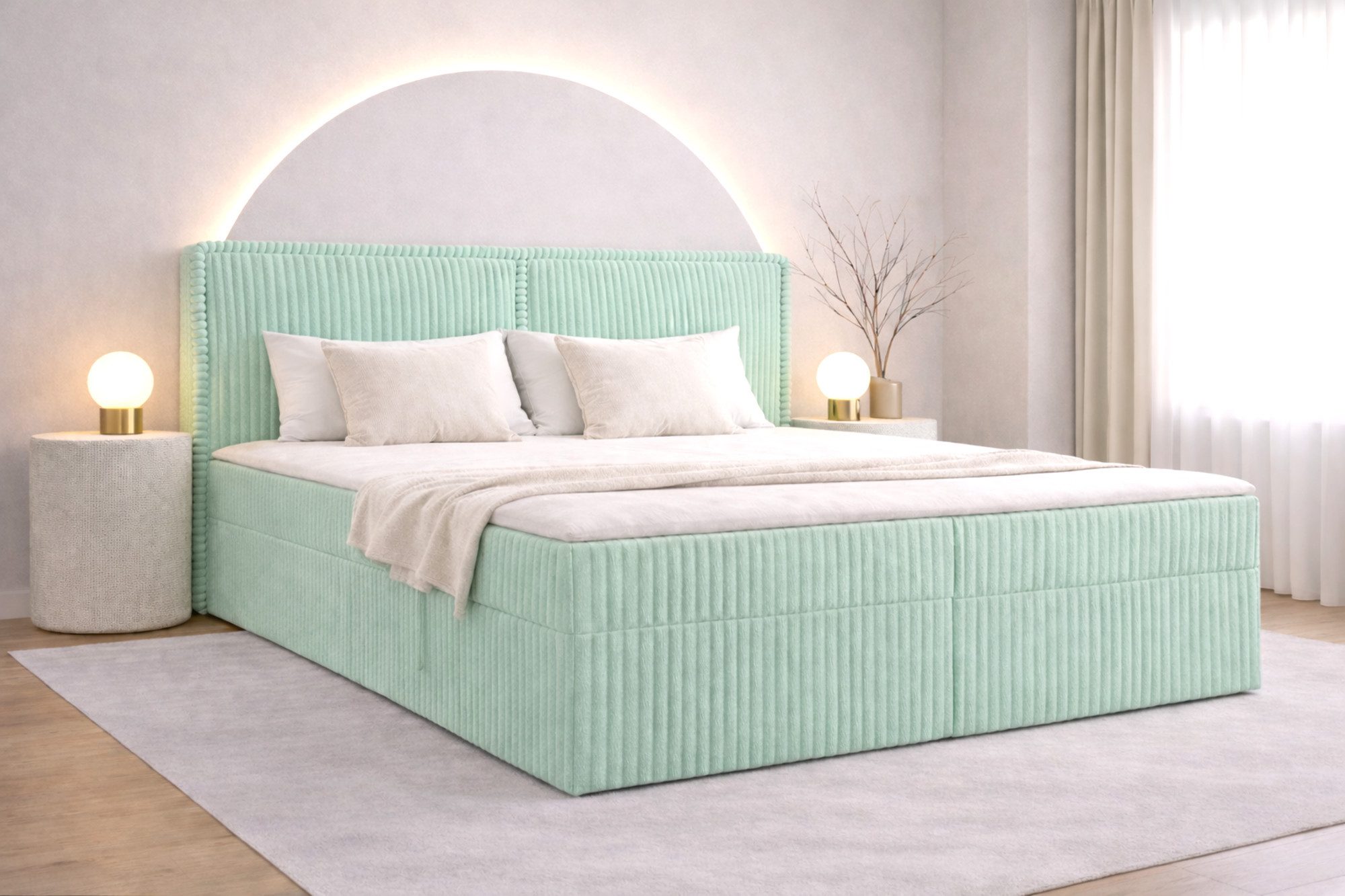 MOEBLO Boxbett Bett 04 (Bonnellmatratzen + Topper, Doppelbett gepolstertes Kopfteil Bett mit Bettkasten, aus Cord, Polsterbett Kontinentalbett), (BxHxT):143/163/183x113x214cm