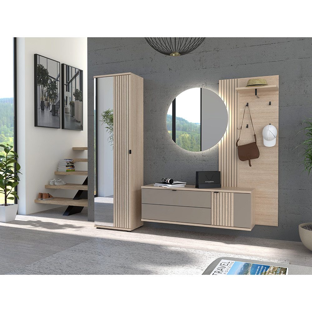 Lomadox Garderoben-Set PALADE-36, (Spar-Set, 4-St., Garderobenschrank Spiegel Hakenpaneel Schuhschrank), in Eiche mit grau, Rillenoptik, LED-Beleuchtung