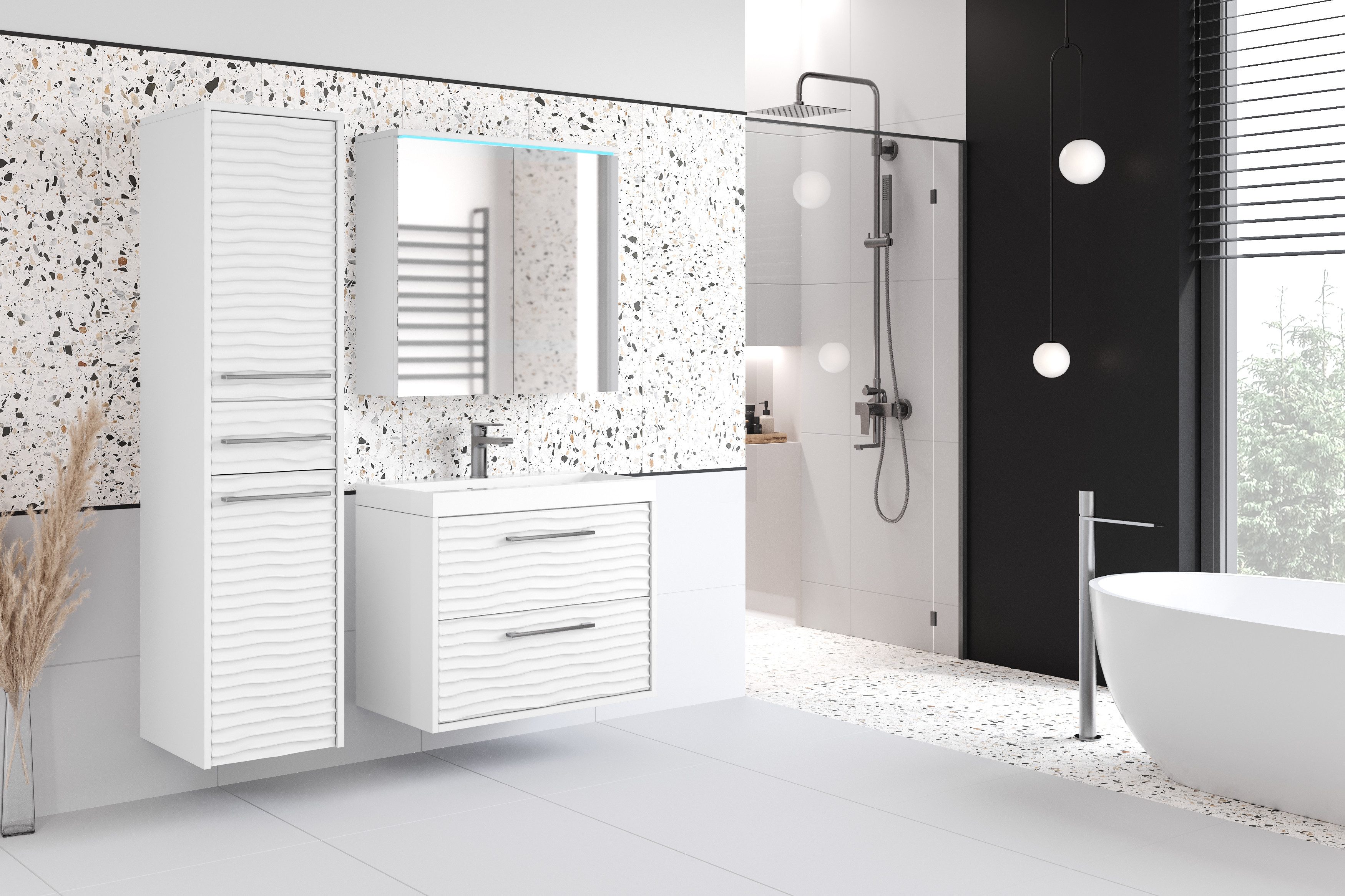 welltime Badmöbel-Set Canada - Fronten mit Wellenstruktur, (Komplett-Set, 3-St., Fronten mit Wellenstruktur), Badmöbel mit Soft-Close, Spiegelschrank, Waschtisch mit Becken