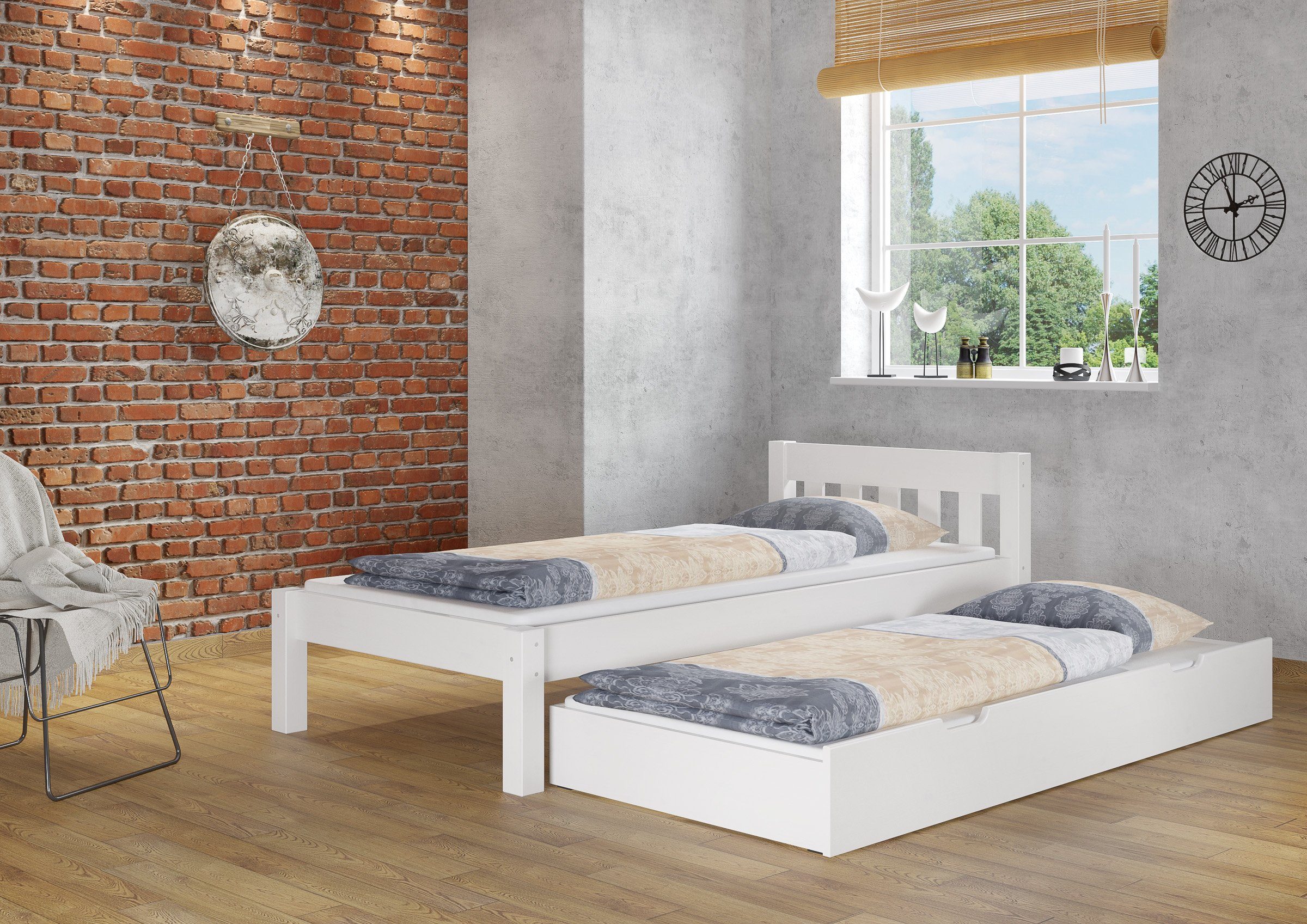 90x200 ERST-HOLZ mit weiß Kieferwaschweiß Rost Massivholz Matratze, und Bett Einzelbett