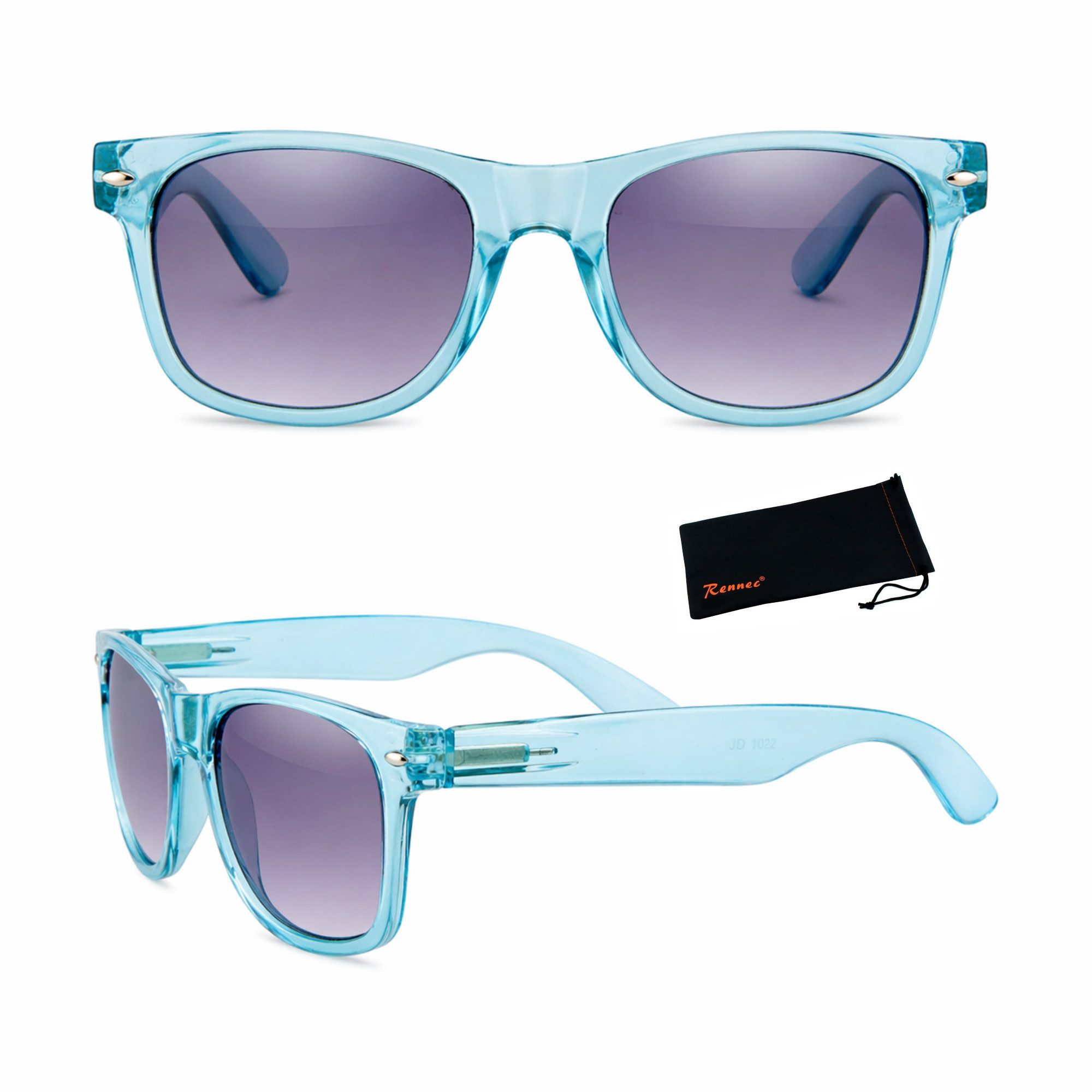 Rennec Sonnenbrille (Nerd Sonnenbrille Damen Herren Retro Gestell Transparent) Gläser Lila Verlaufsgetönt, Federscharniere an den Brillenbügeln