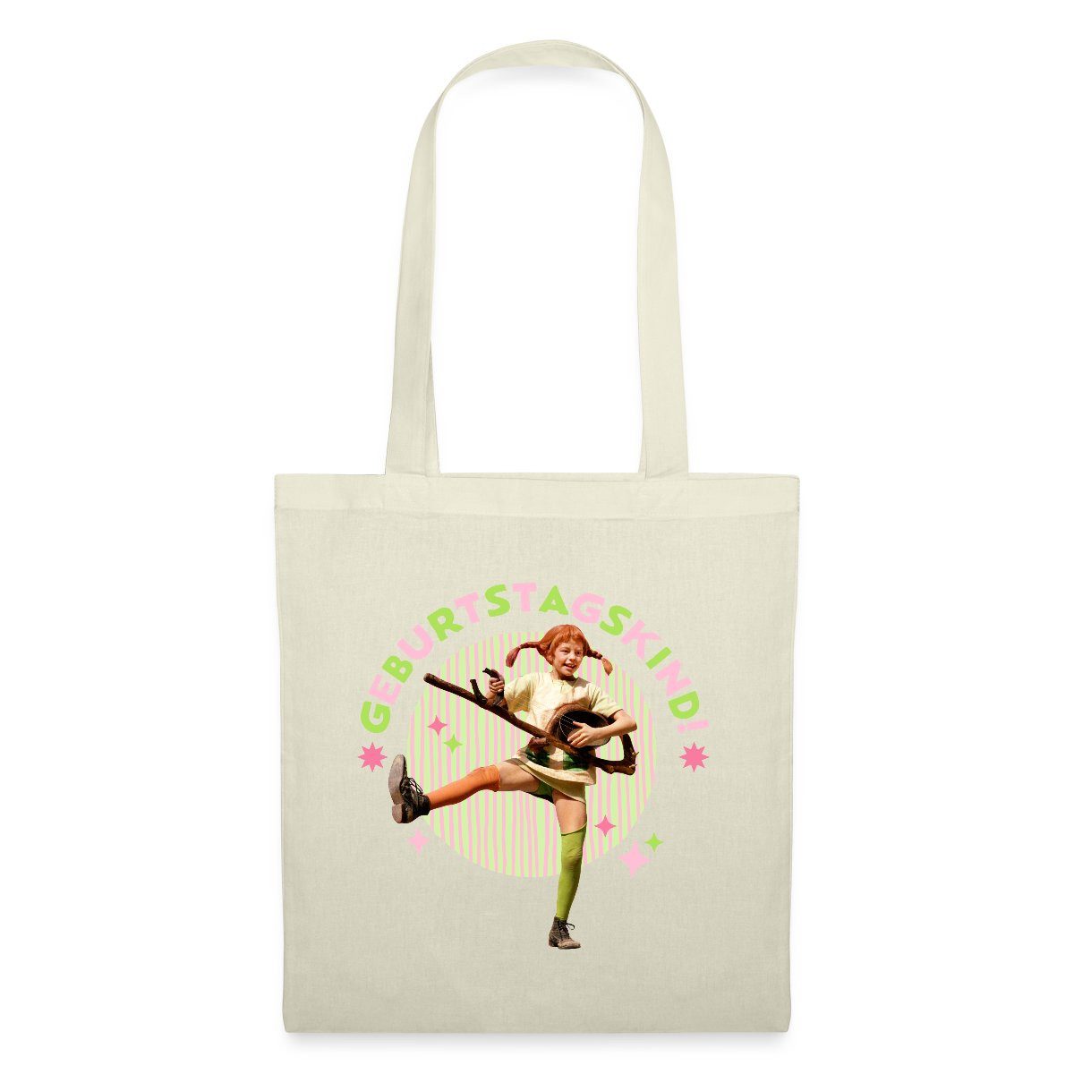 Spreadshirt Henkeltasche Pippi Langstrumpf Geburtstag Pippi Mit Gitarre Stoffbeutel (1-tlg)