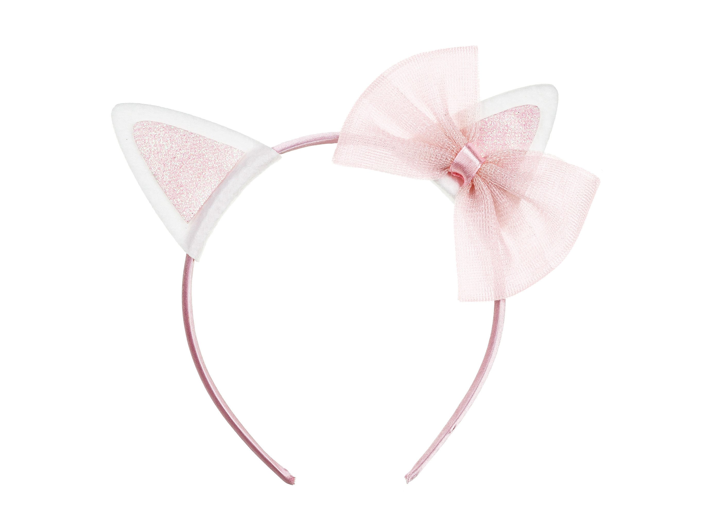 partydeco Haarreif, Katzenohren Haarreif mit Schleife 18x17cm 1 Stück Rosa / Weiß
