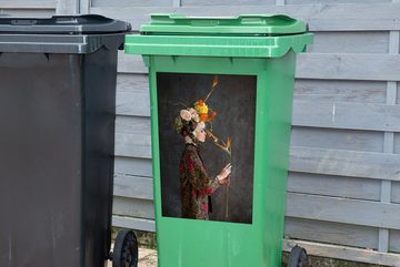 MuchoWow Wandsticker Blumen - Frau - Kranz (1 St), Mülleimer-aufkleber, Mülltonne, Sticker, Container, Abfalbehälter