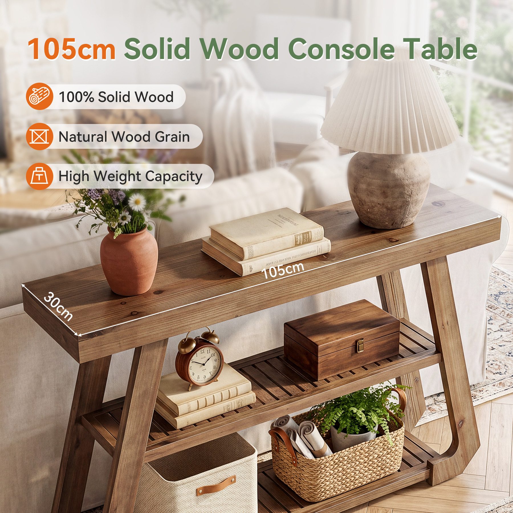 Tribesigns Konsolentisch 105 cm Flurtisch aus Massivholz mit 3 Ablagen, Schmaler Sofatisch im Landhausstil mit A-Gestell – Bild 4 von 5