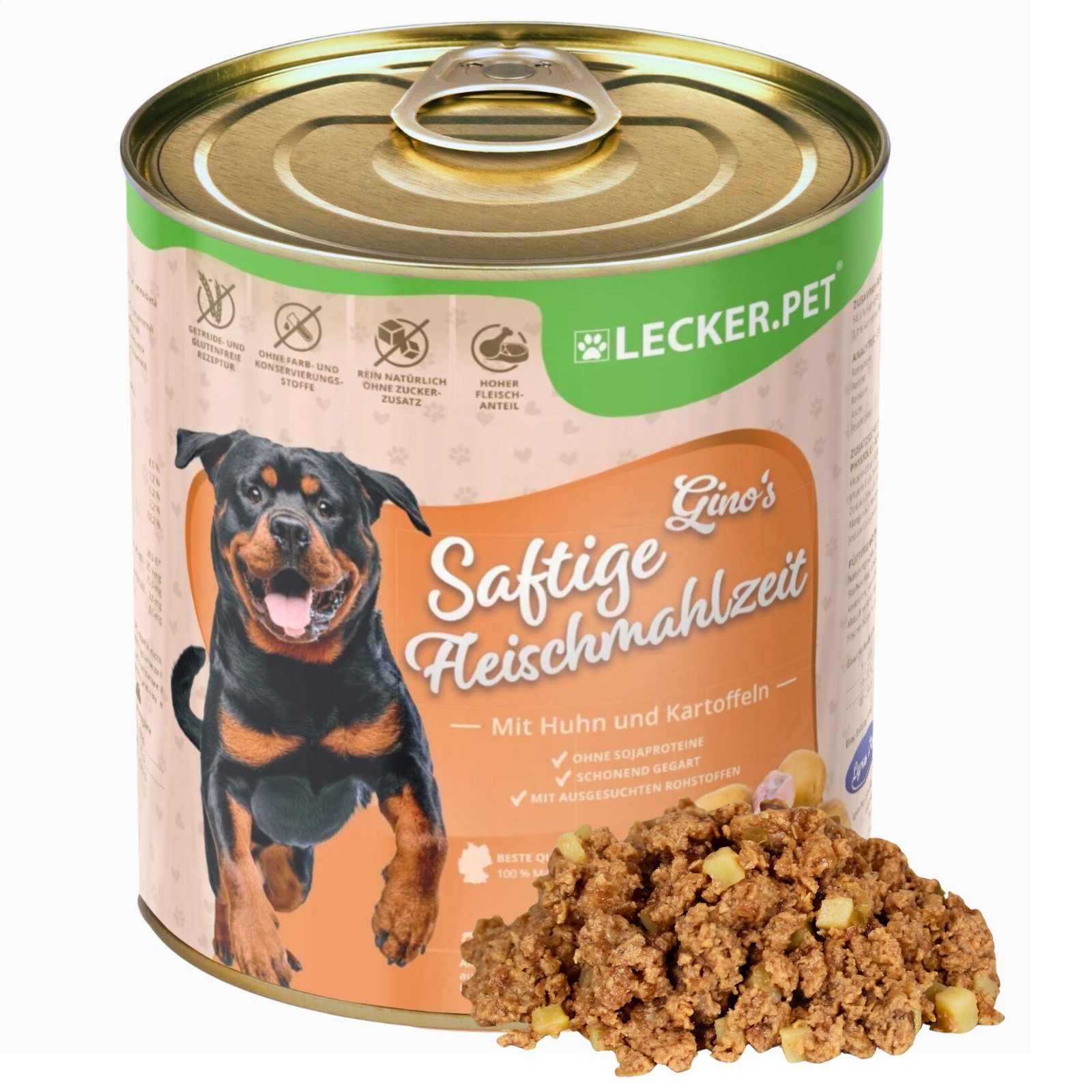 Lecker.Pet 12 x 800g Lecker.Pet® Gino's Saftige Fleischmahlzeit Huhn & Kartoffeln Huhn, 12St.
