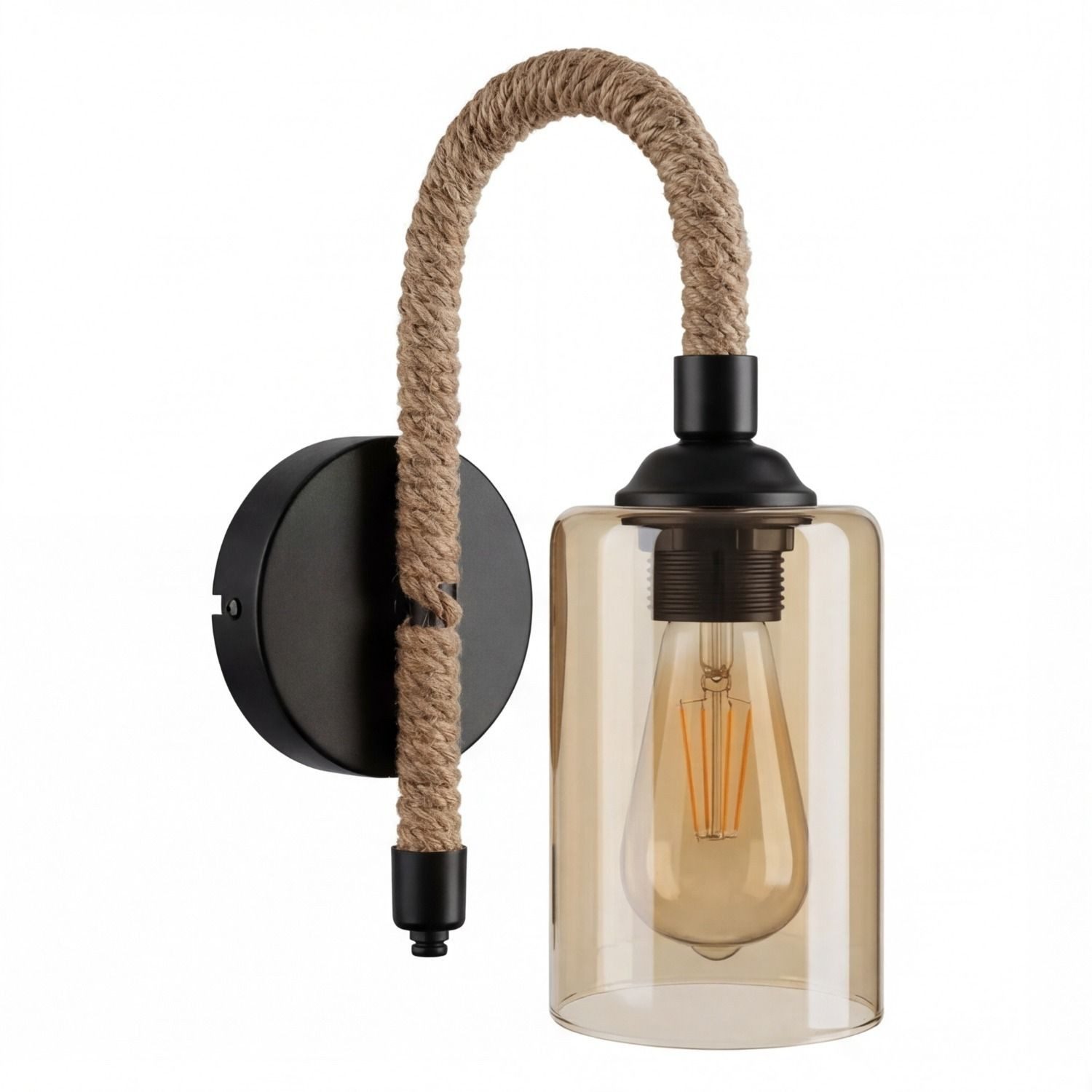 Licht-Erlebnisse Wandleuchte AHRENS, ohne Leuchtmittel, Rauchglas Jute Metall E27 31 cm hoch Schwarz Bernstein Natur Rustikal – Bild 3 von 5