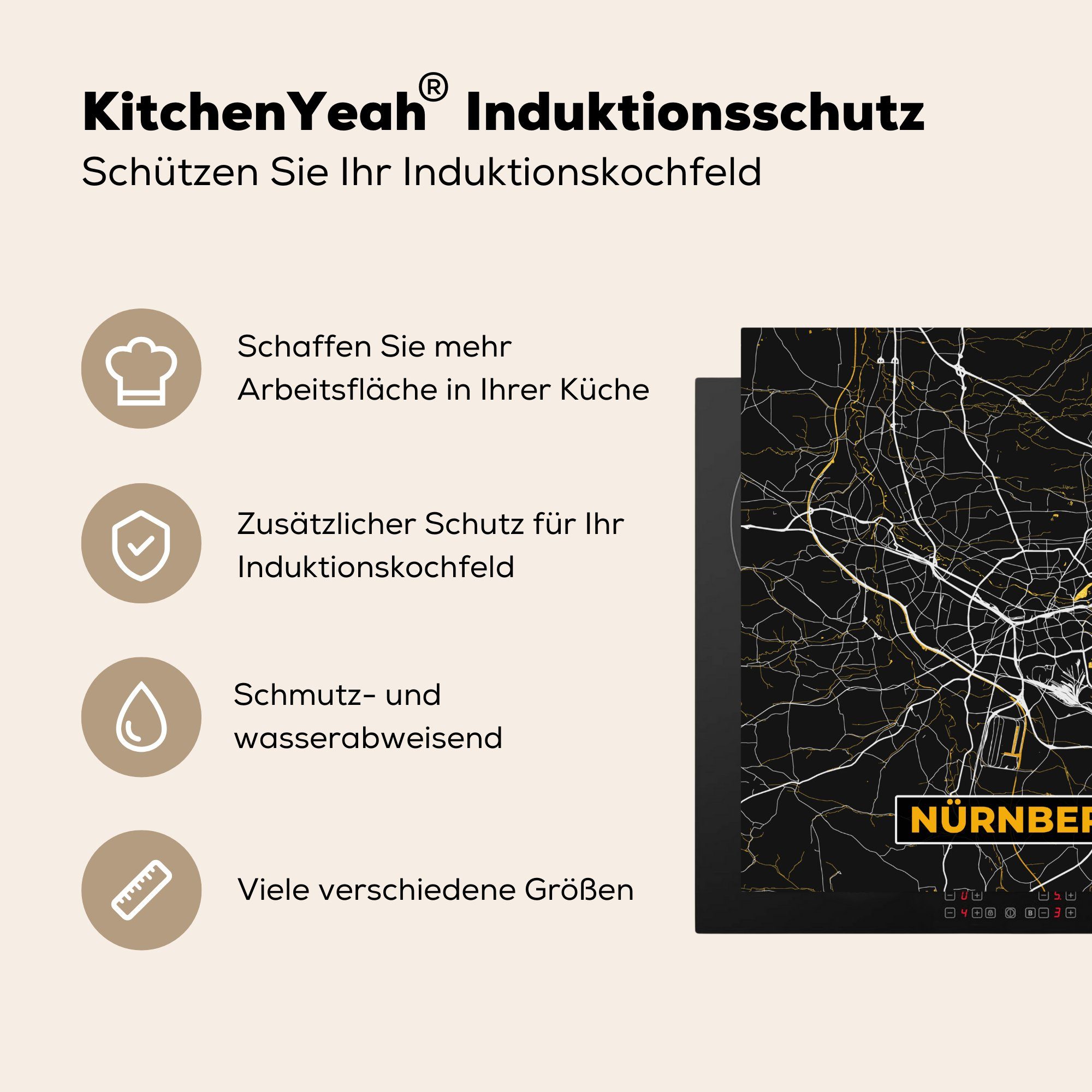 Vinyl, Herdblende-/Abdeckplatte - Ceranfeldabdeckung, Nürnberg (1 78x78 für küche Gold Deutschland, - Karte cm, Arbeitsplatte tlg), Stadtplan MuchoWow - -