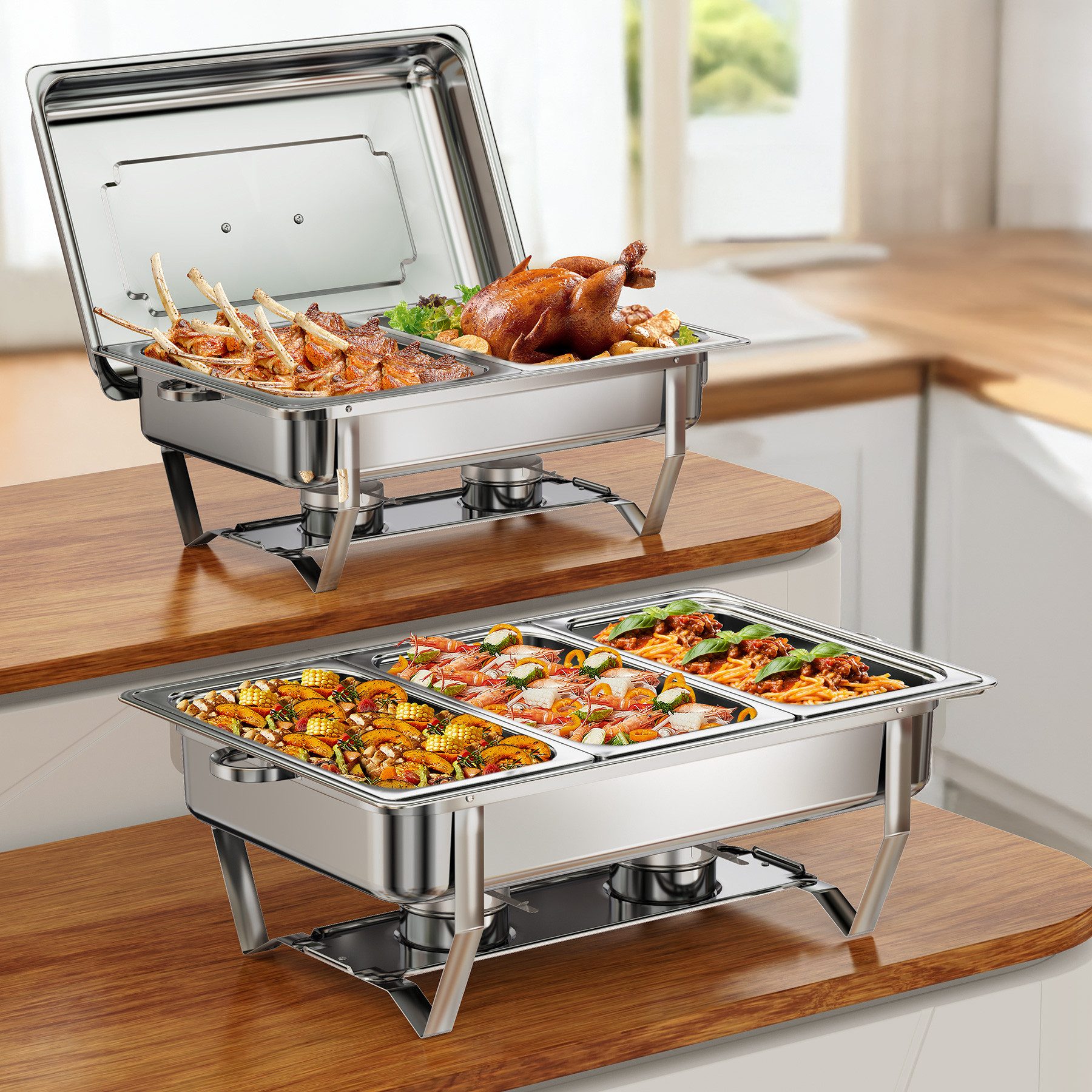 Warmounts Speisenwärmer, (2-tlg., Edelstahl), Chafing Dish Speisenwärmer, 1x GN 1/2 + 1x GN 1/3 Behälter