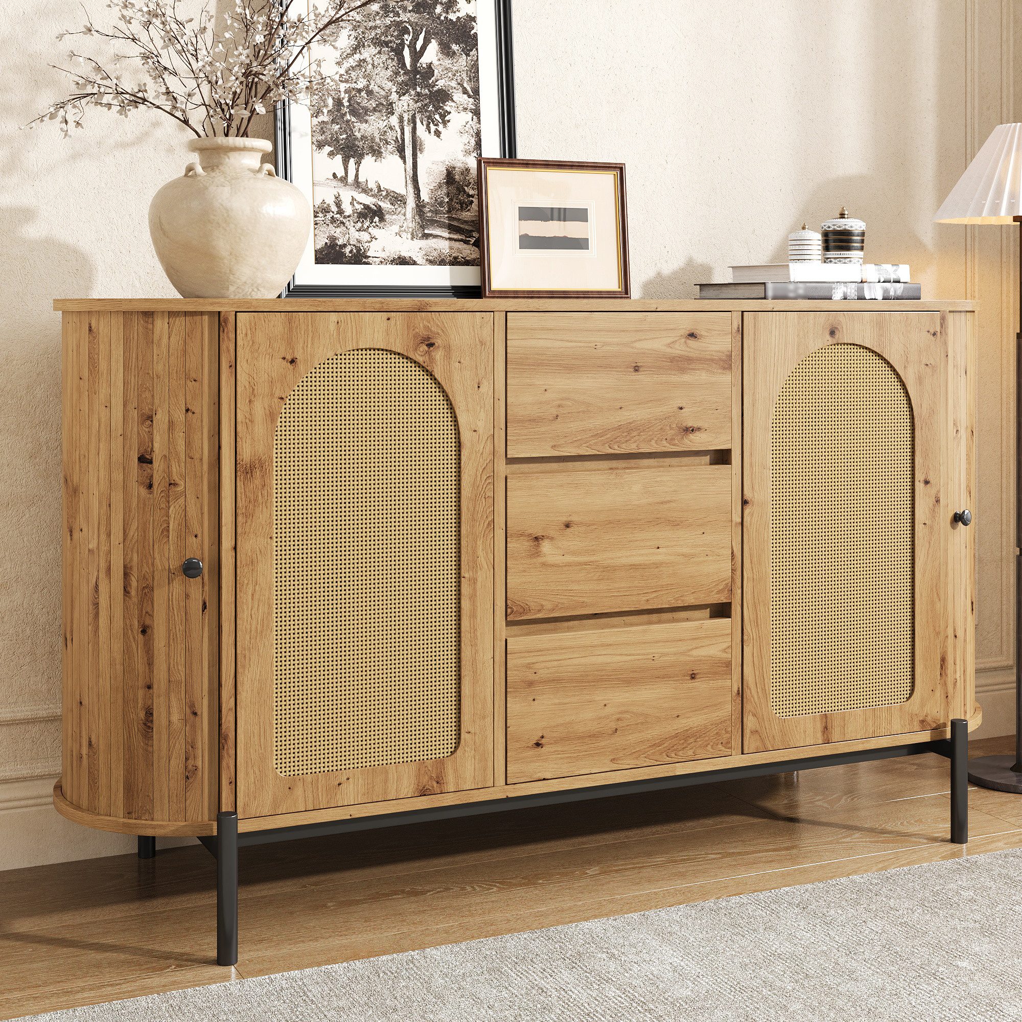 Merax Sideboard mit Rattantüren, Ovales Aufbewahrungsschrank in Holzoptik (140 × 38 × 77,5 cm, 1 St), Kommode mit 2 Schiebetüren, 3 Schubladen, Metallbeinen & Stauraum