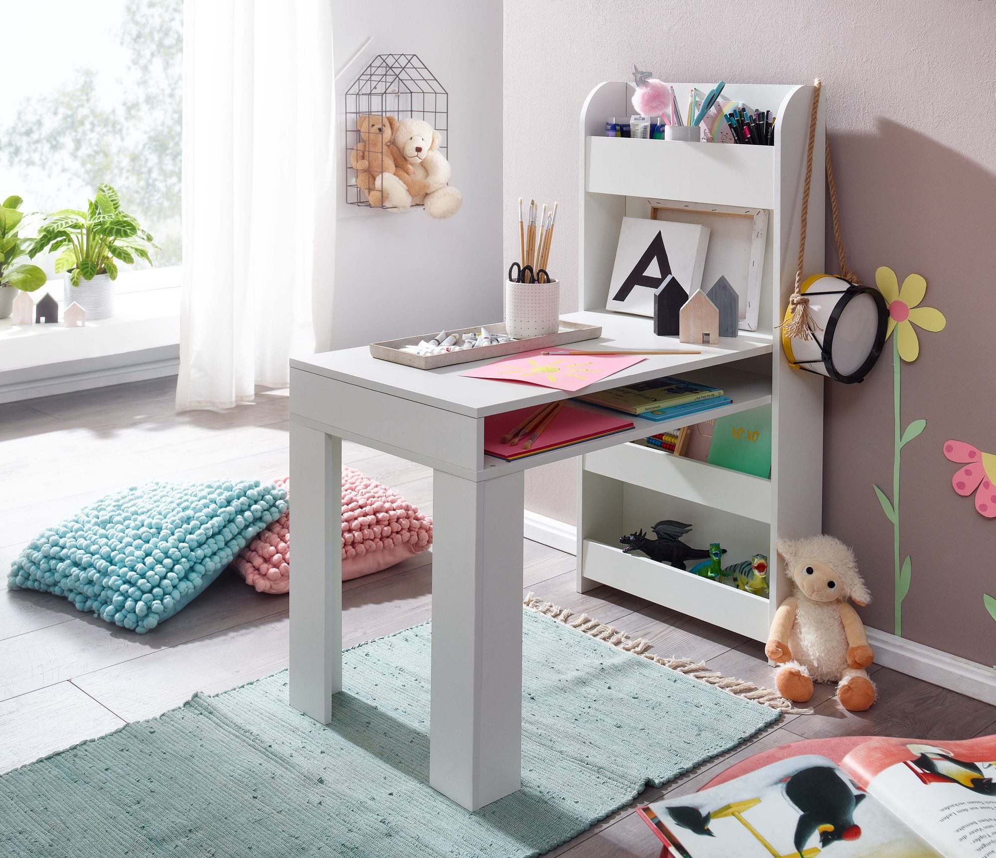 Wohnling Kinderschreibtisch WL6.388 Weiß 90x50x110cm Schülerschreibtisch Tisch mit Rega (Weiß 90x50x110 cm, Maltisch Kinderzimmer mit Regal), Kindertisch Modern, Schülerschreibtisch Stauraum