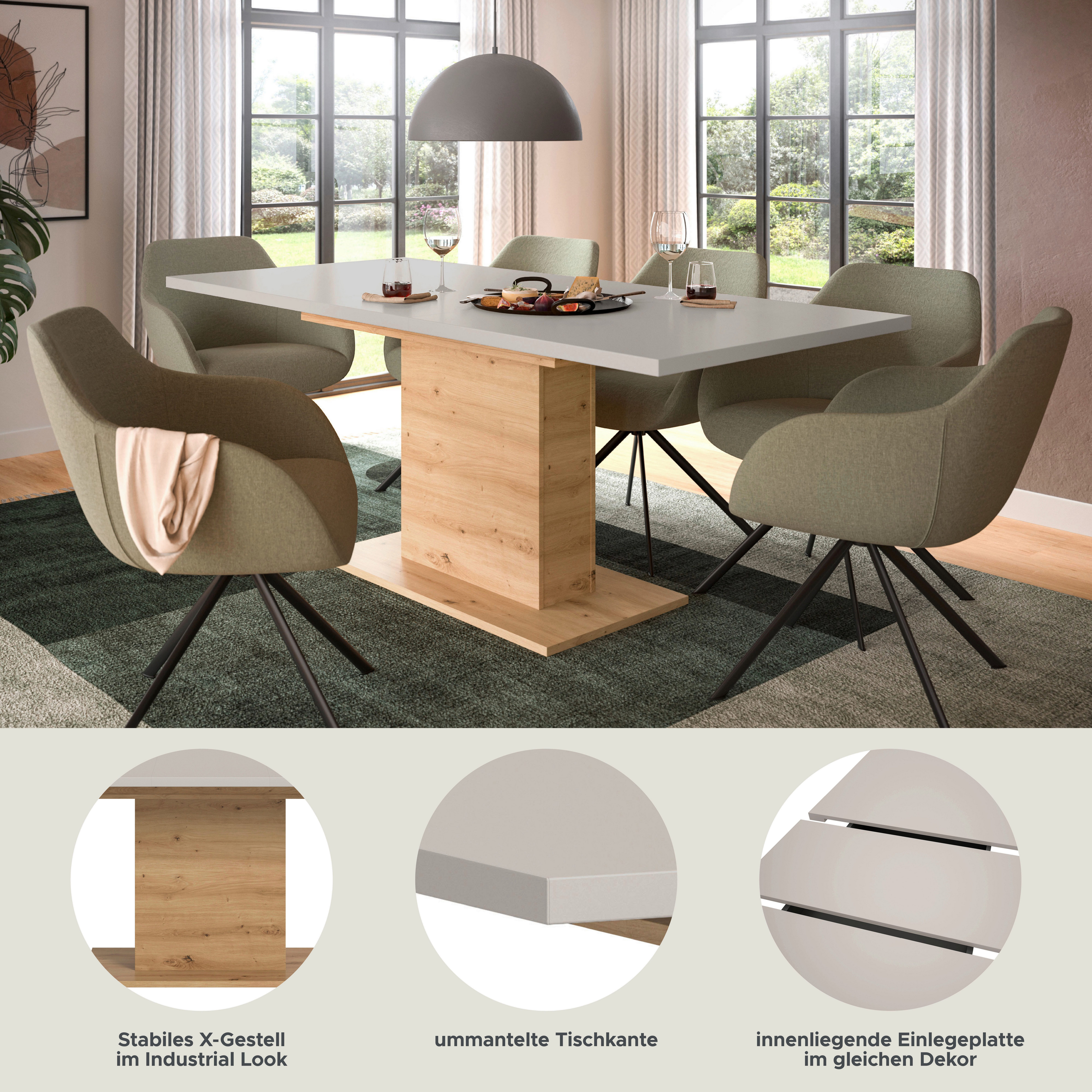 Home affaire Esstisch Motus, ausziehbar 150 -190 cm, inklusive 40 cm Einlegeplatte (Set, 1-St), Säulengestell mit Bodenplatte, Tisch, Küchentisch, Esszimmer, Küche